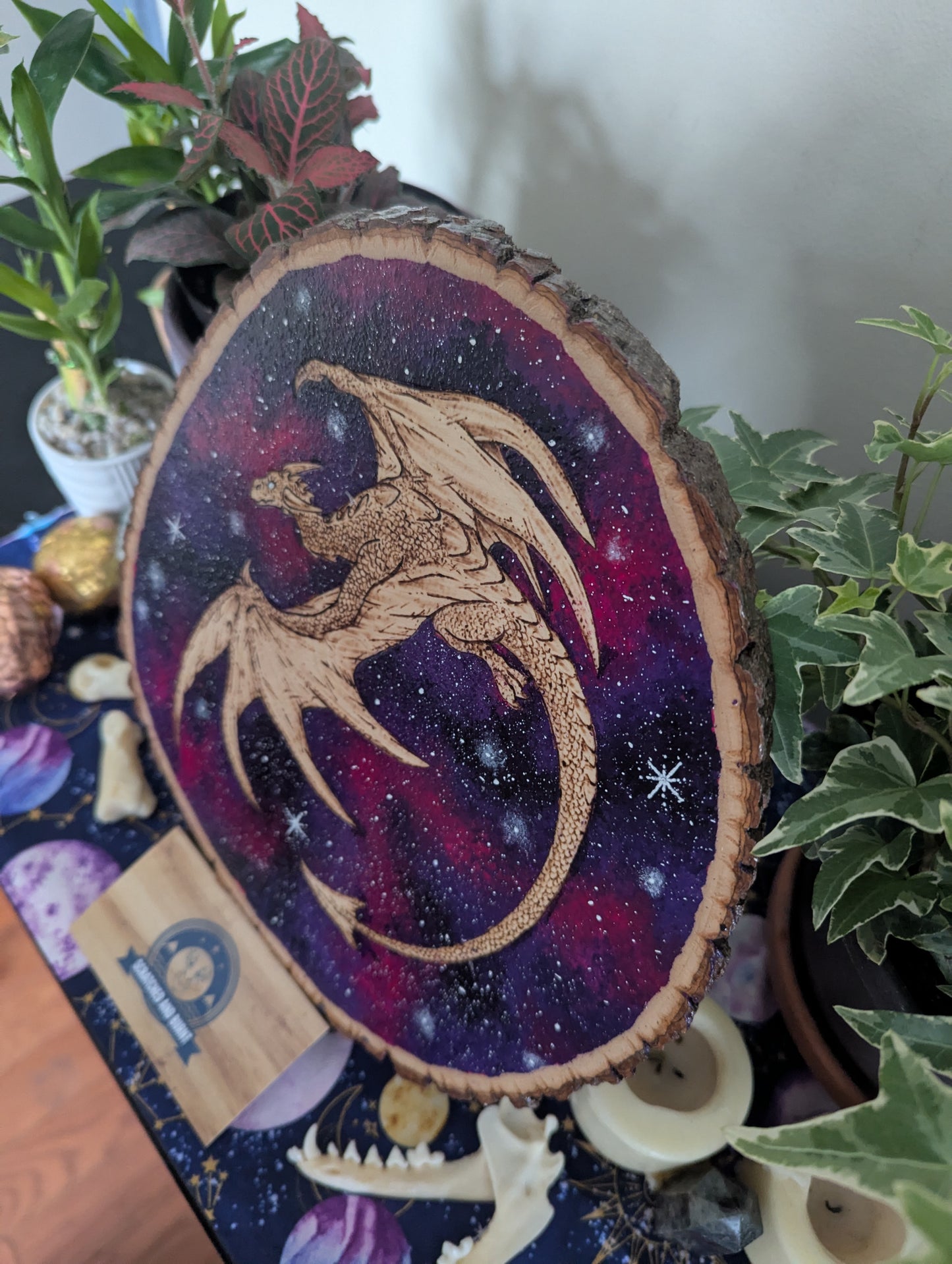 'Galaxy Dragon' Pyrography with Acrylics on Wood Desk/Wall Art