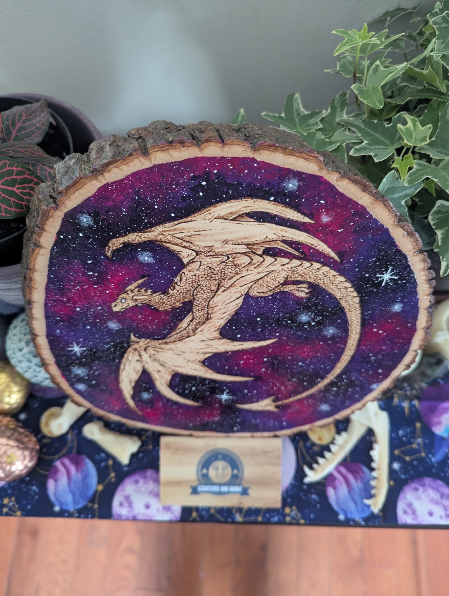 'Galaxy Dragon' Pyrography with Acrylics on Wood Desk/Wall Art