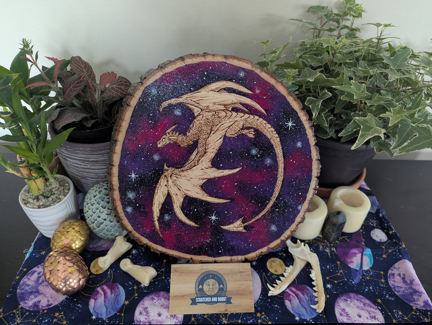 'Galaxy Dragon' Pyrography with Acrylics on Wood Desk/Wall Art