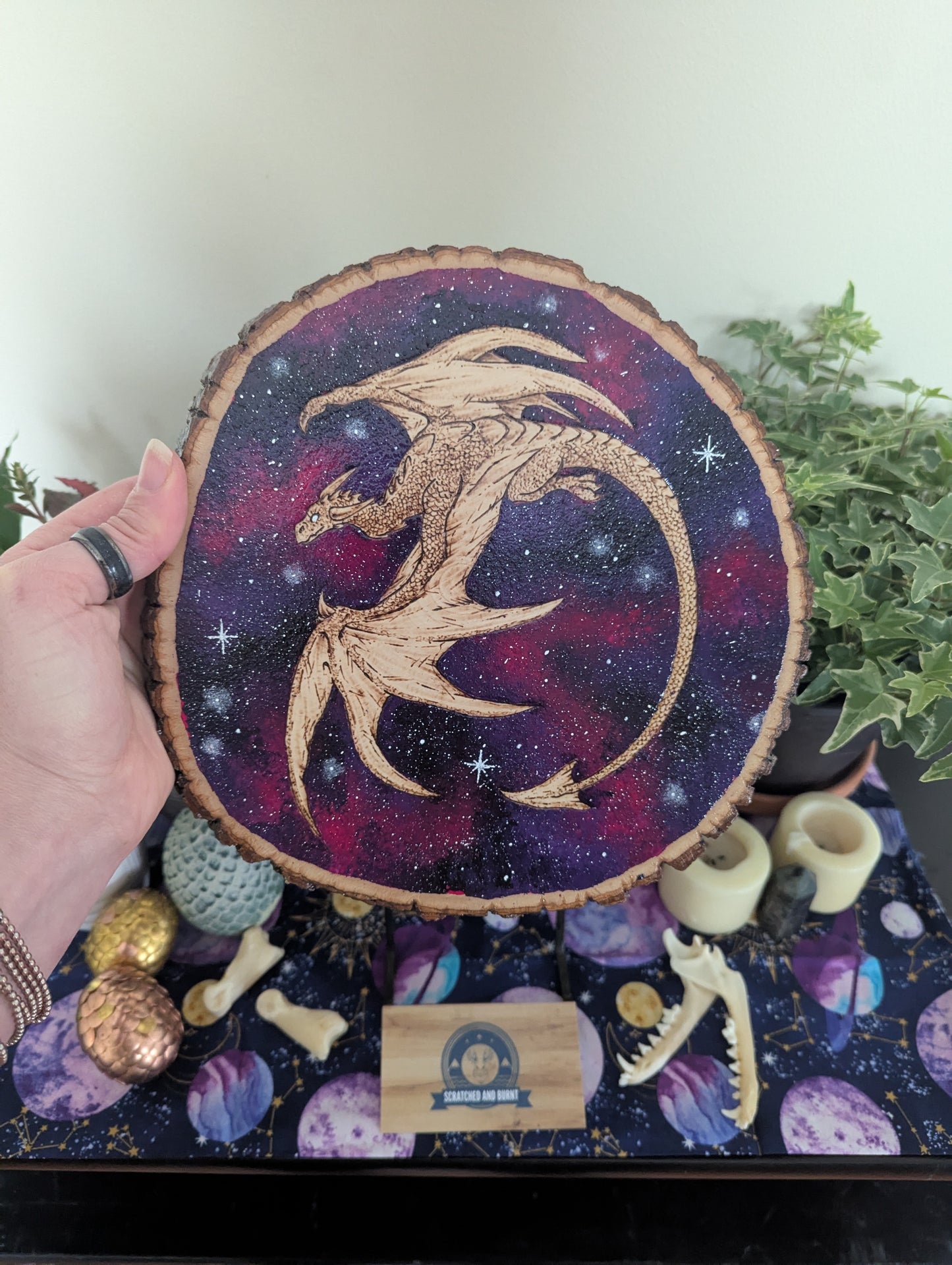 'Galaxy Dragon' Pyrography with Acrylics on Wood Desk/Wall Art