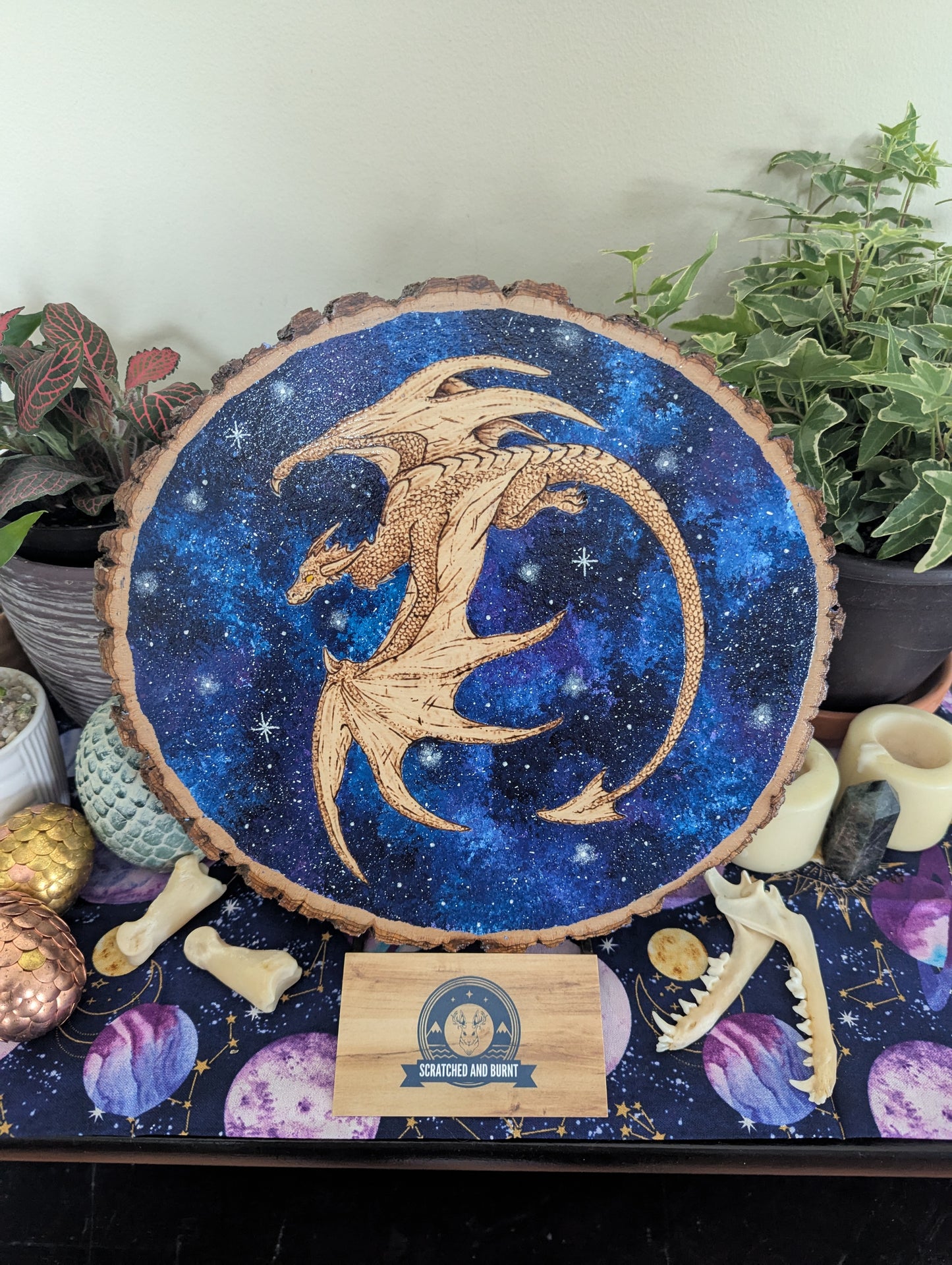 'Galaxy Dragon' Pyrography with Acrylics on Wood Desk/Wall Art