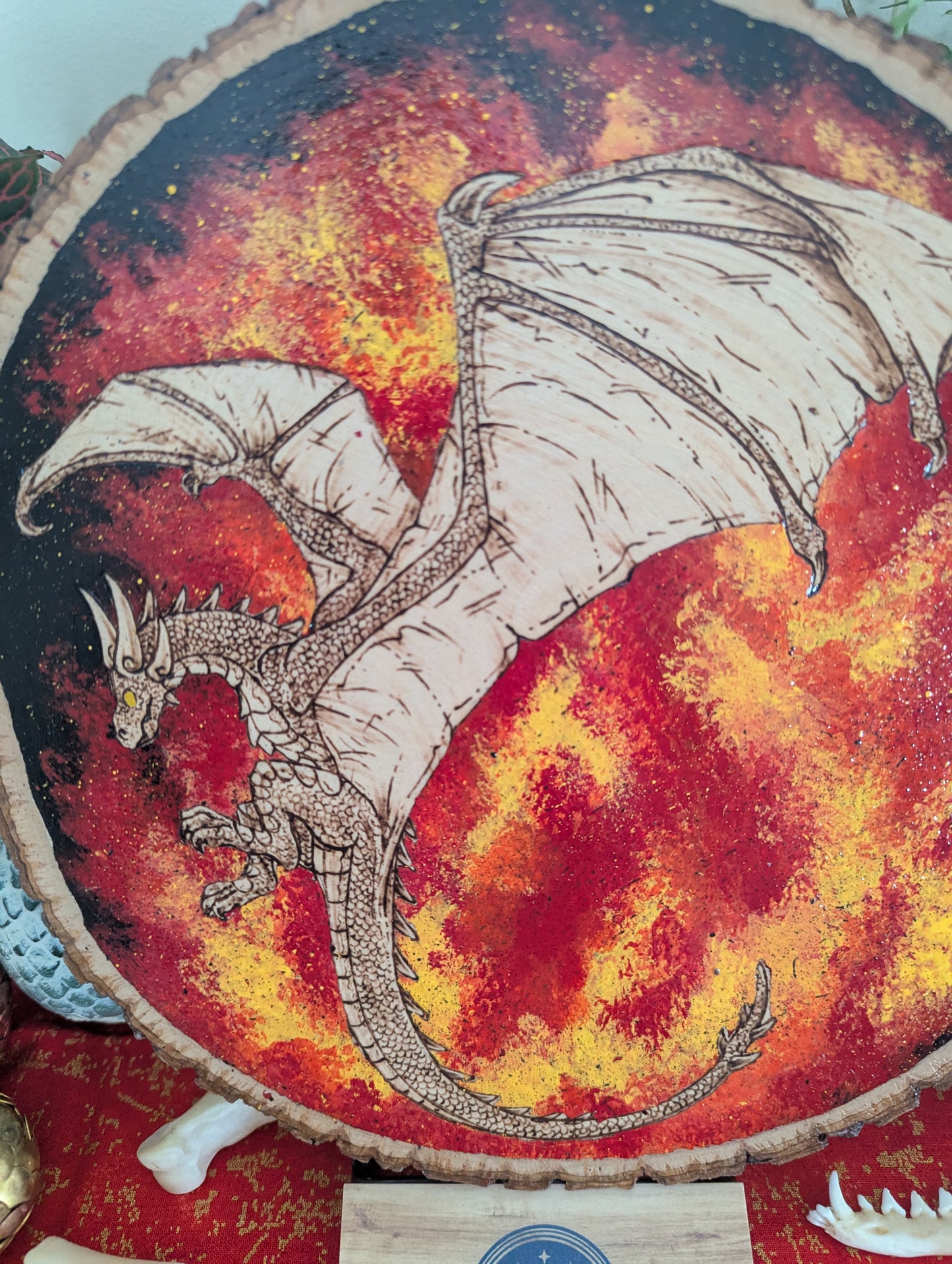 'Dragon's Flames' Pyrography with Acrylics on Wood Desk/Wall Art