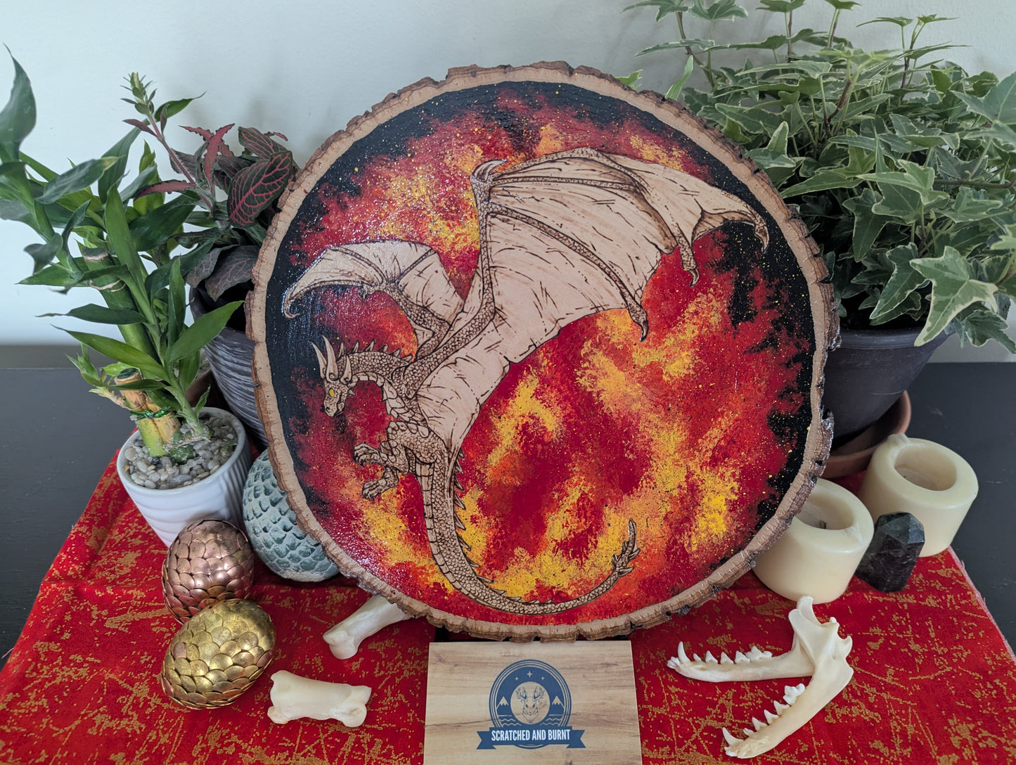 'Dragon's Flames' Pyrography with Acrylics on Wood Desk/Wall Art