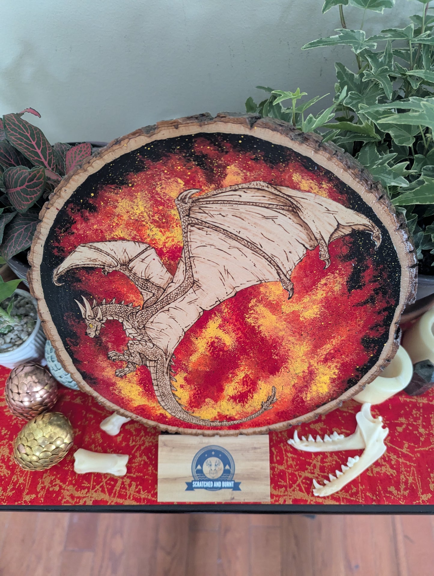 'Dragon's Flames' Pyrography with Acrylics on Wood Desk/Wall Art