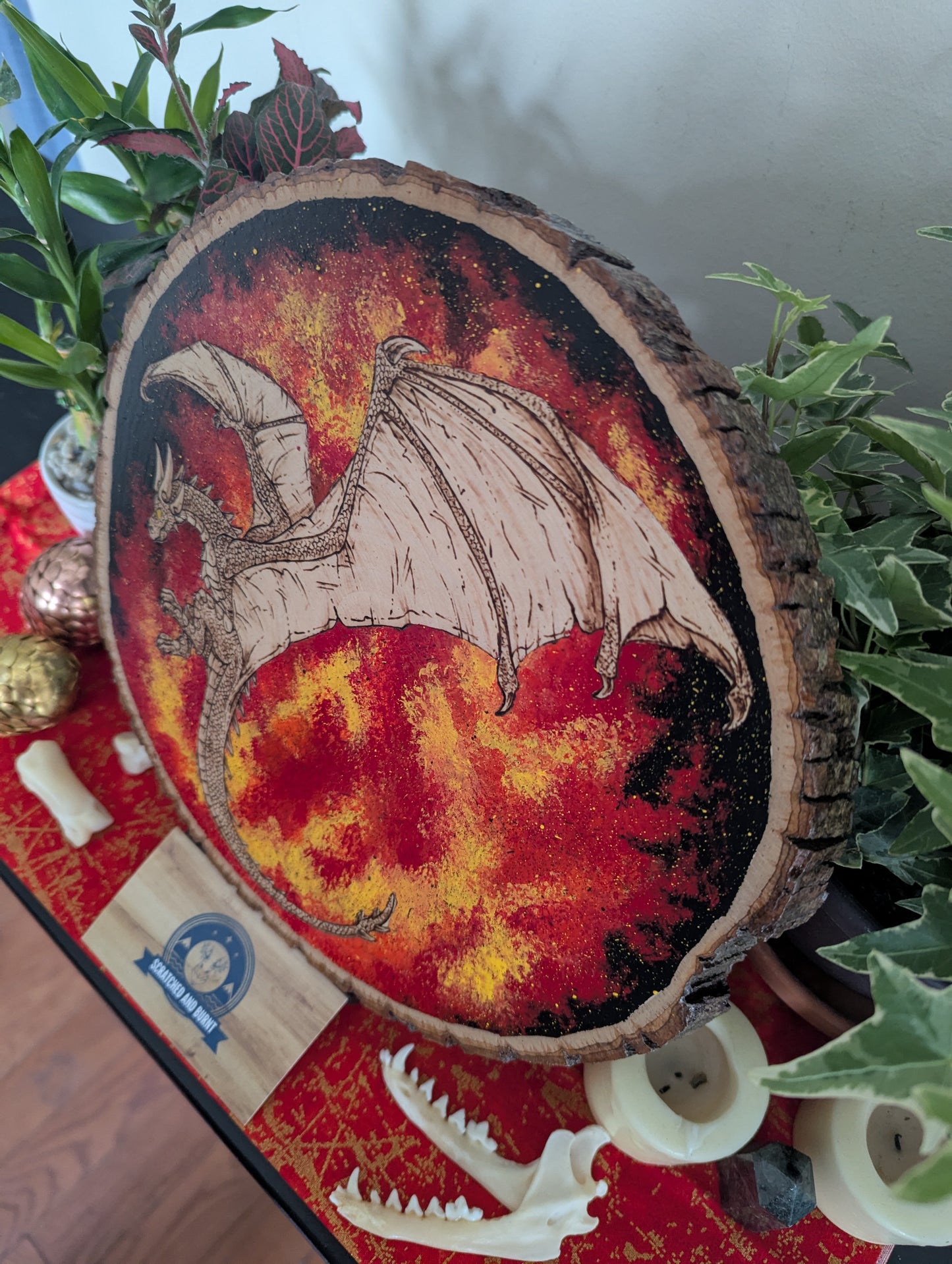 'Dragon's Flames' Pyrography with Acrylics on Wood Desk/Wall Art
