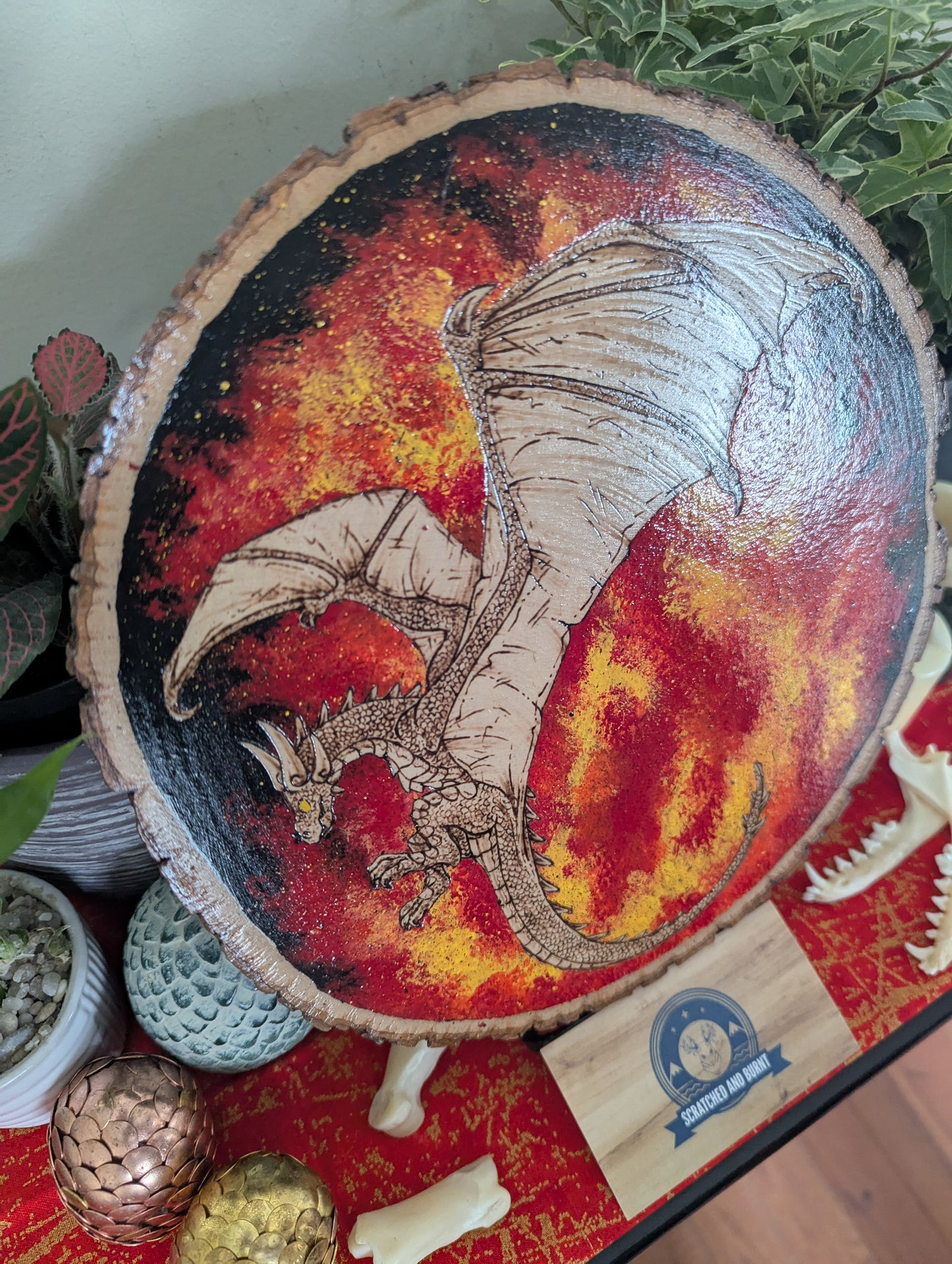 'Dragon's Flames' Pyrography with Acrylics on Wood Desk/Wall Art