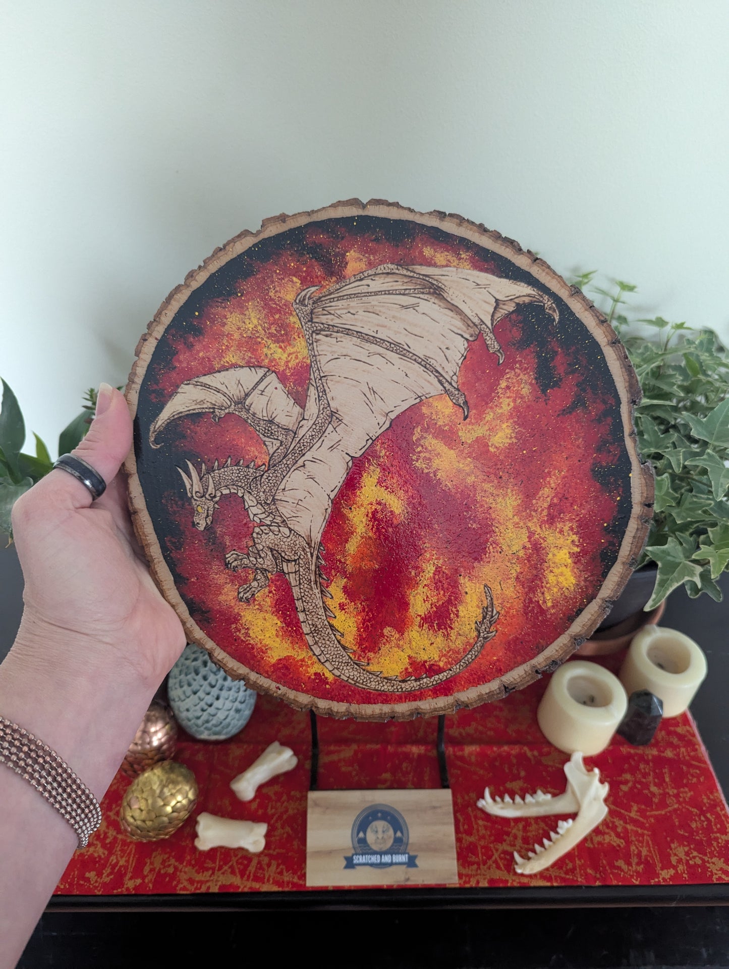 'Dragon's Flames' Pyrography with Acrylics on Wood Desk/Wall Art