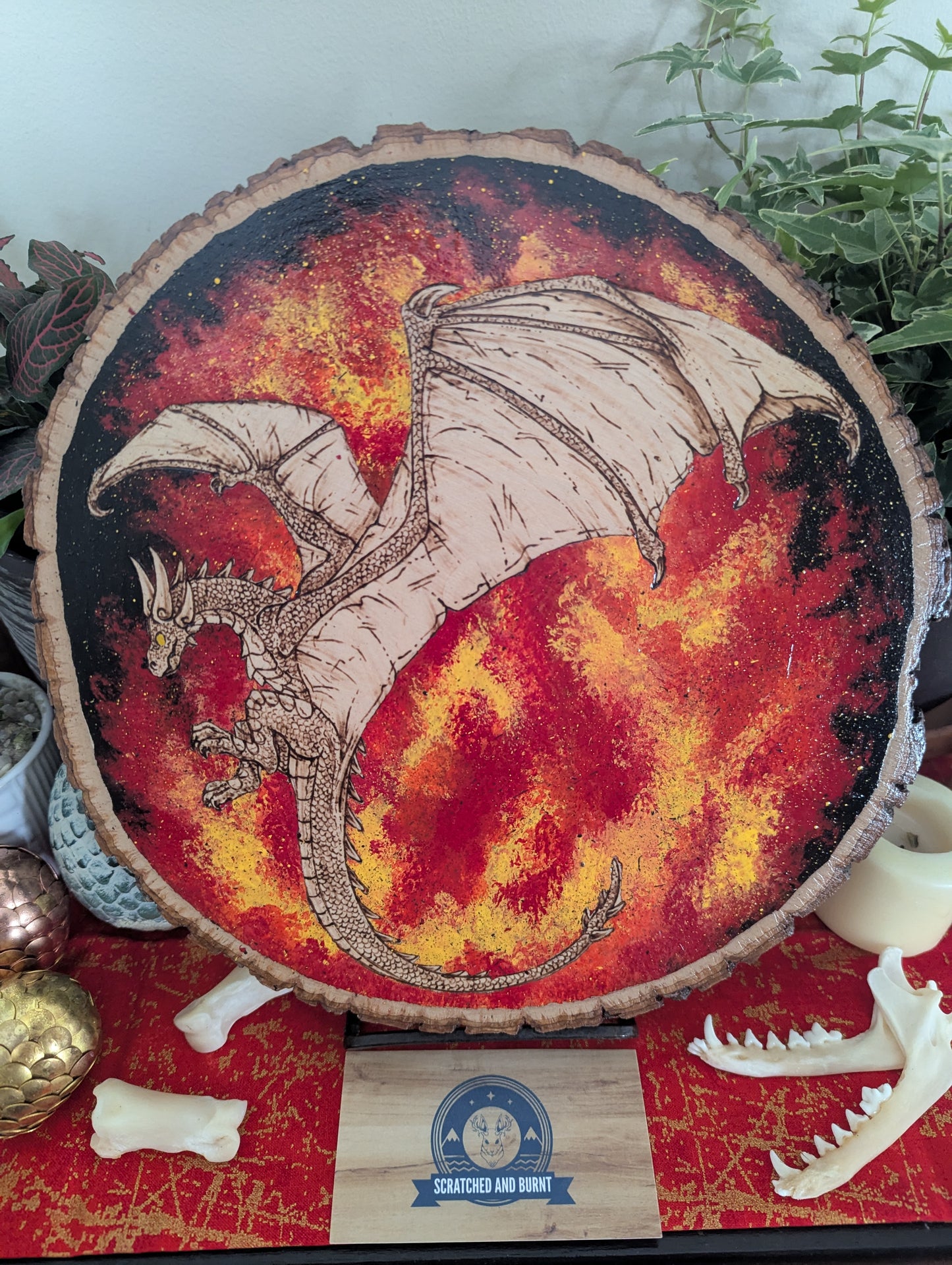 'Dragon's Flames' Pyrography with Acrylics on Wood Desk/Wall Art