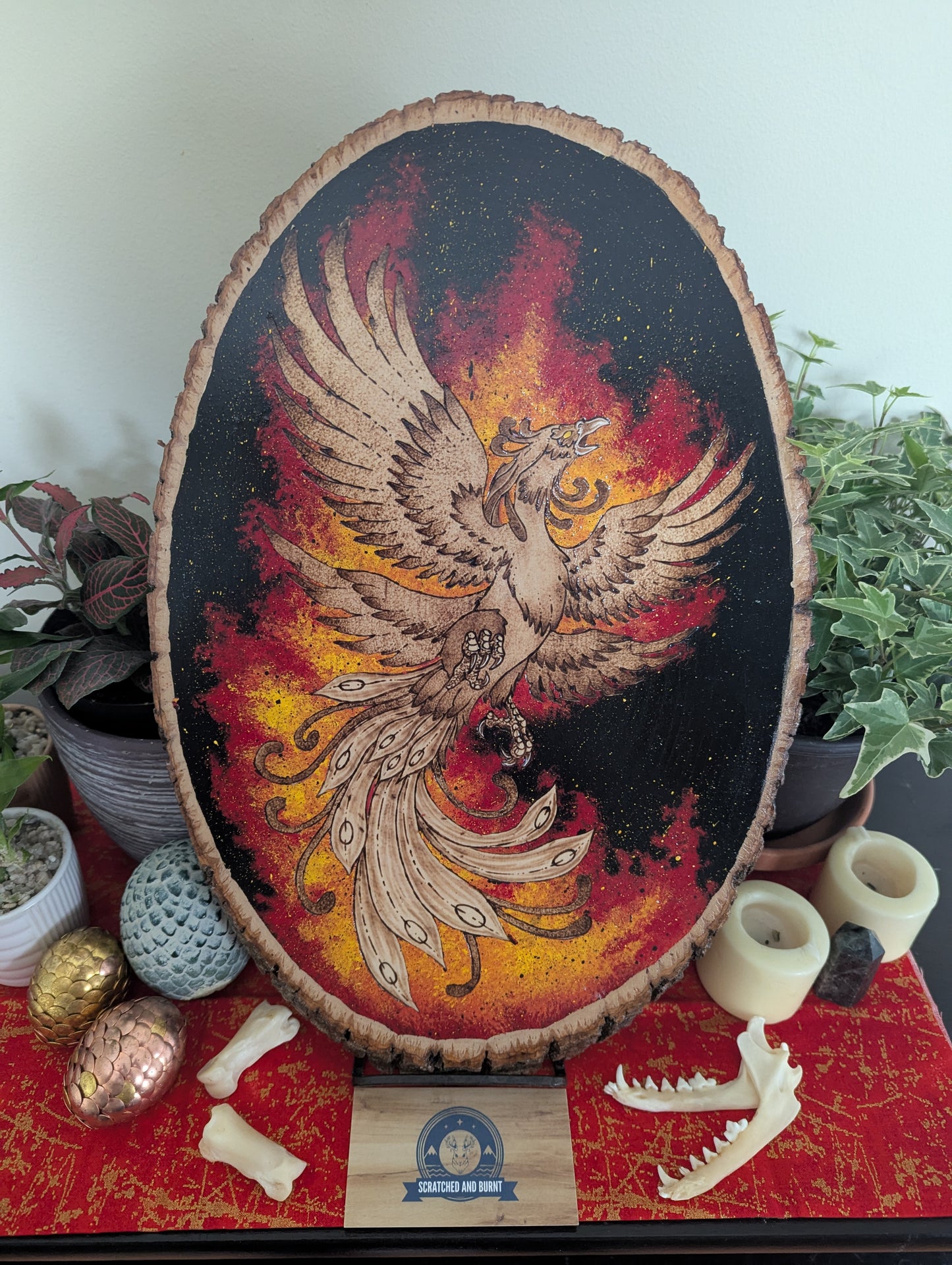 'Phoenix Rising' Pyrography with Acrylics, on Wood Desk/Wall Art, Large
