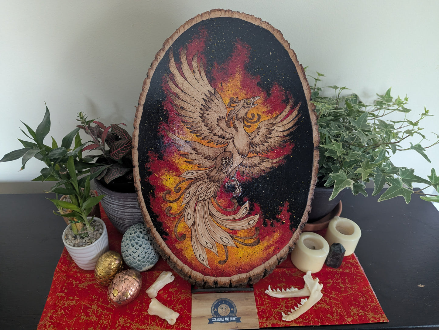 'Phoenix Rising' Pyrography with Acrylics, on Wood Desk/Wall Art, Large
