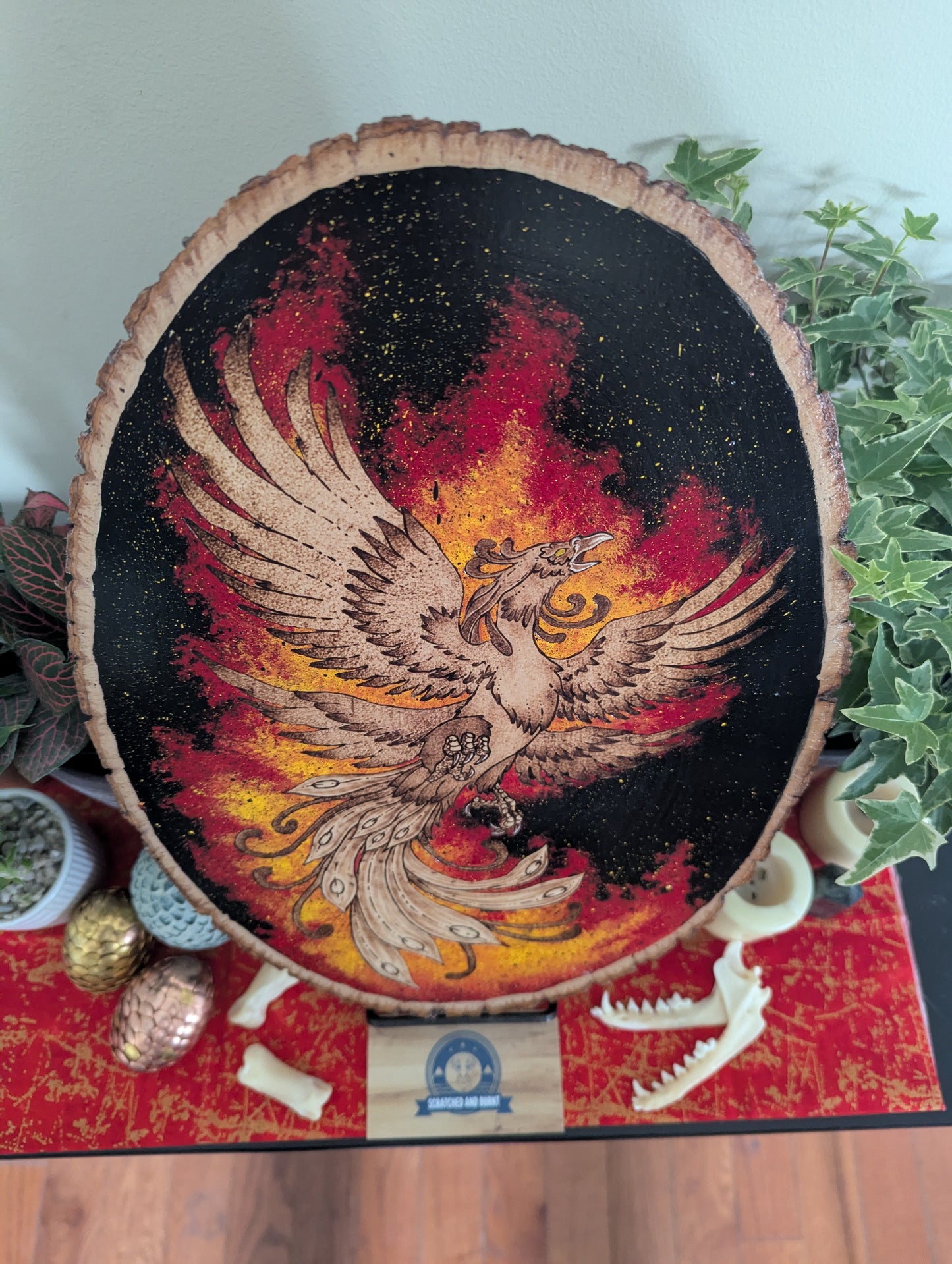'Phoenix Rising' Pyrography with Acrylics, on Wood Desk/Wall Art, Large