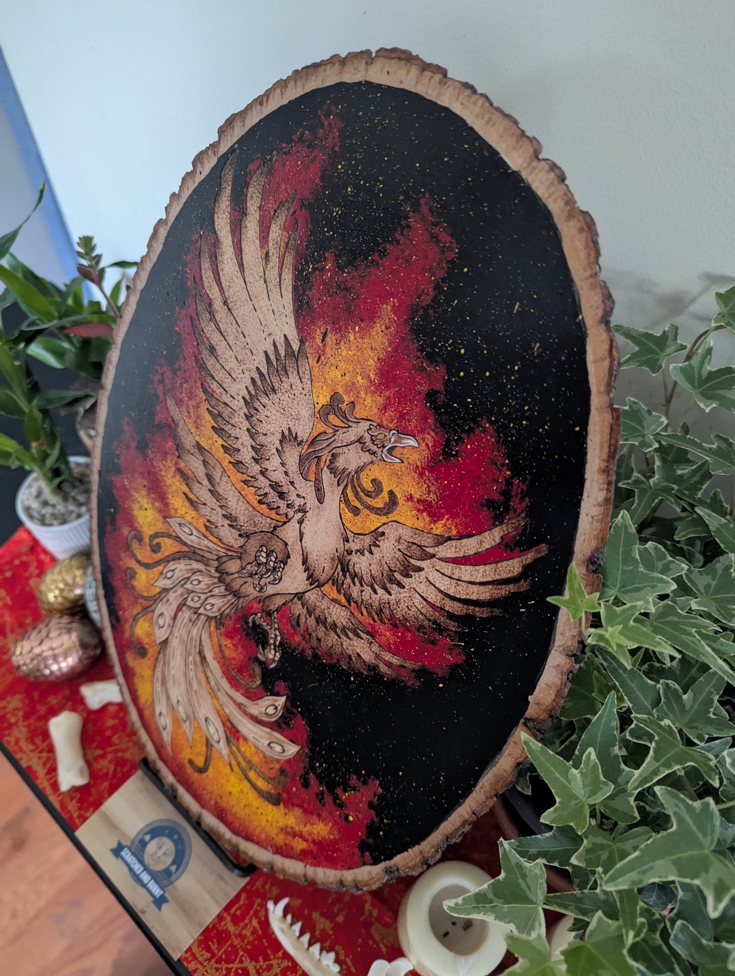 'Phoenix Rising' Pyrography with Acrylics, on Wood Desk/Wall Art, Large