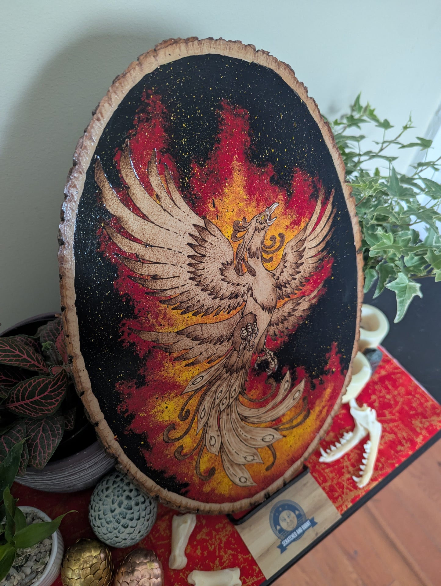 'Phoenix Rising' Pyrography with Acrylics, on Wood Desk/Wall Art, Large