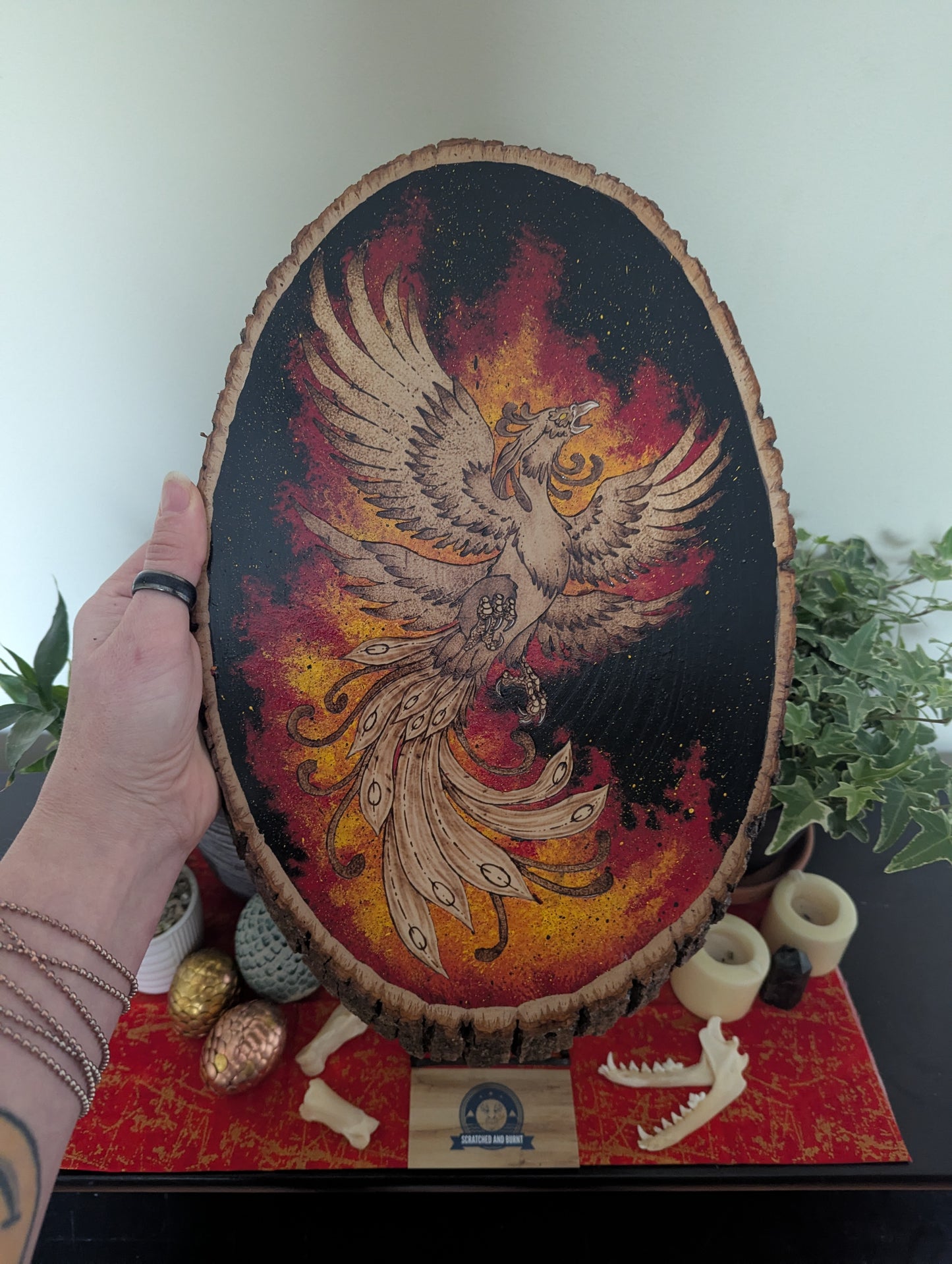 'Phoenix Rising' Pyrography with Acrylics, on Wood Desk/Wall Art, Large
