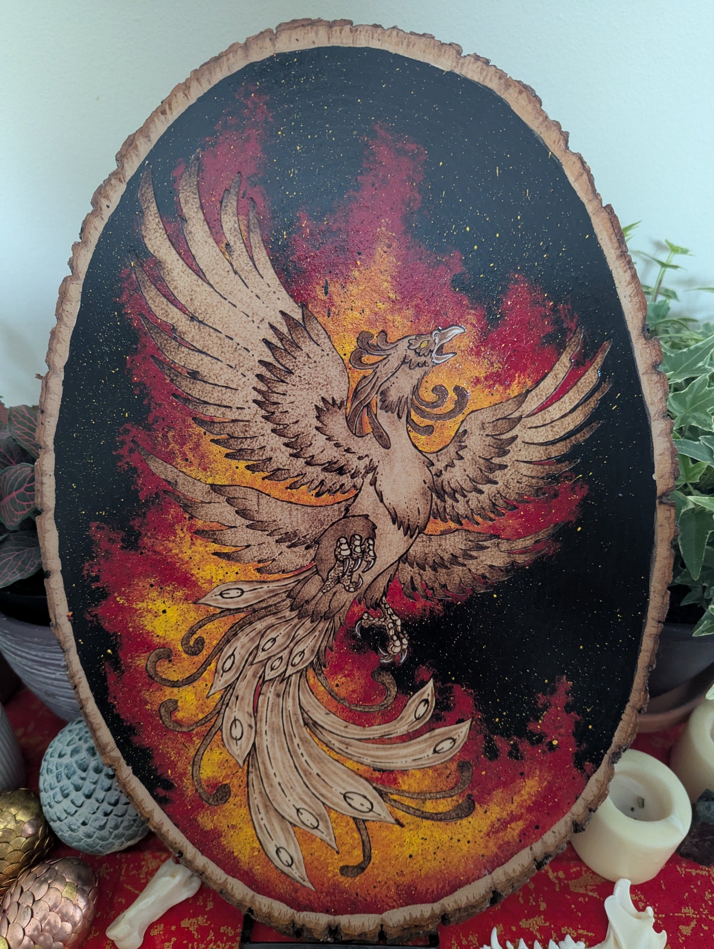 'Phoenix Rising' Pyrography with Acrylics, on Wood Desk/Wall Art, Large