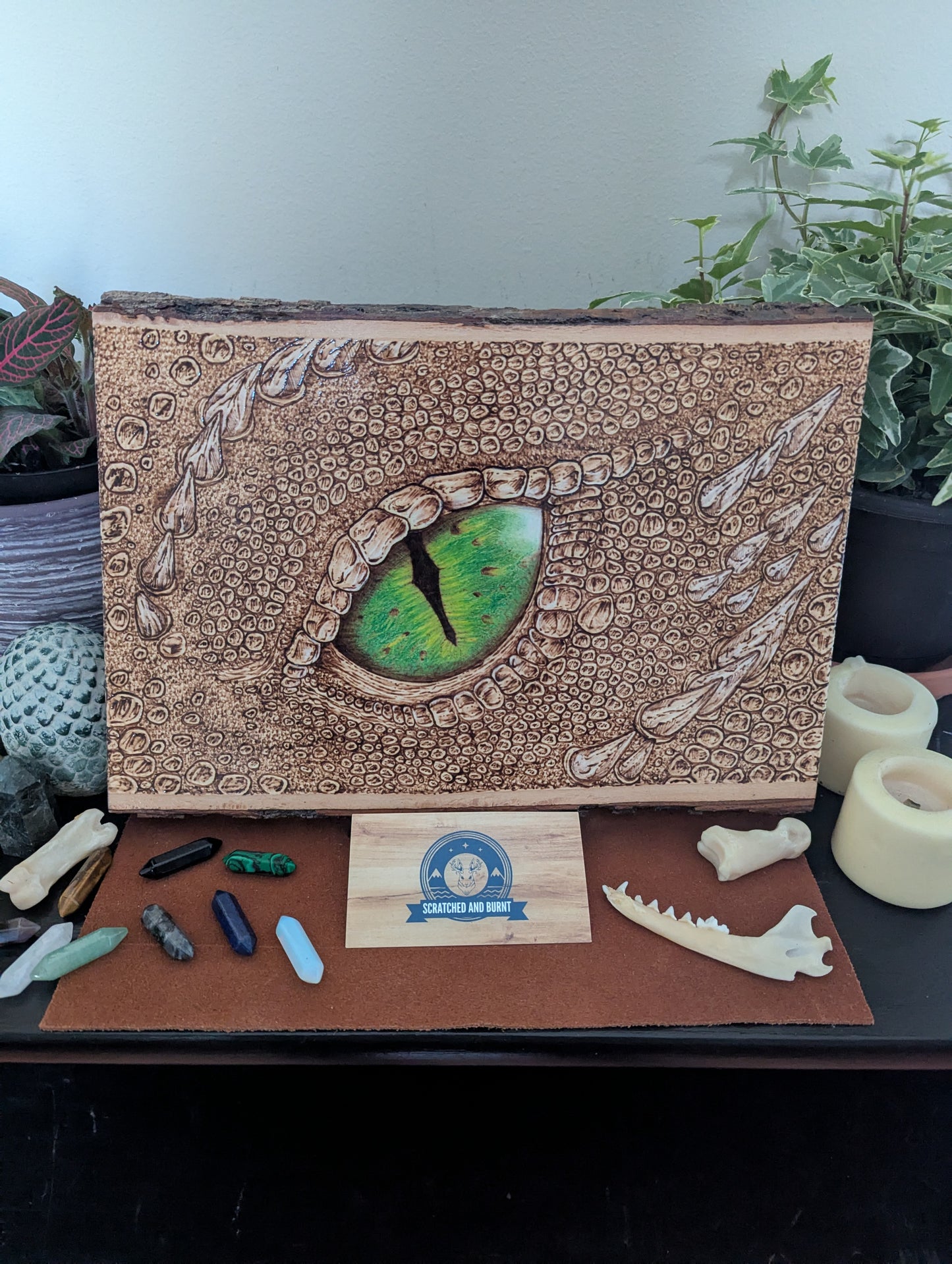 'Emerald Gaze, The Watchful Dragon’s Eye' Pyrography on Wood, Desk/Wall Art