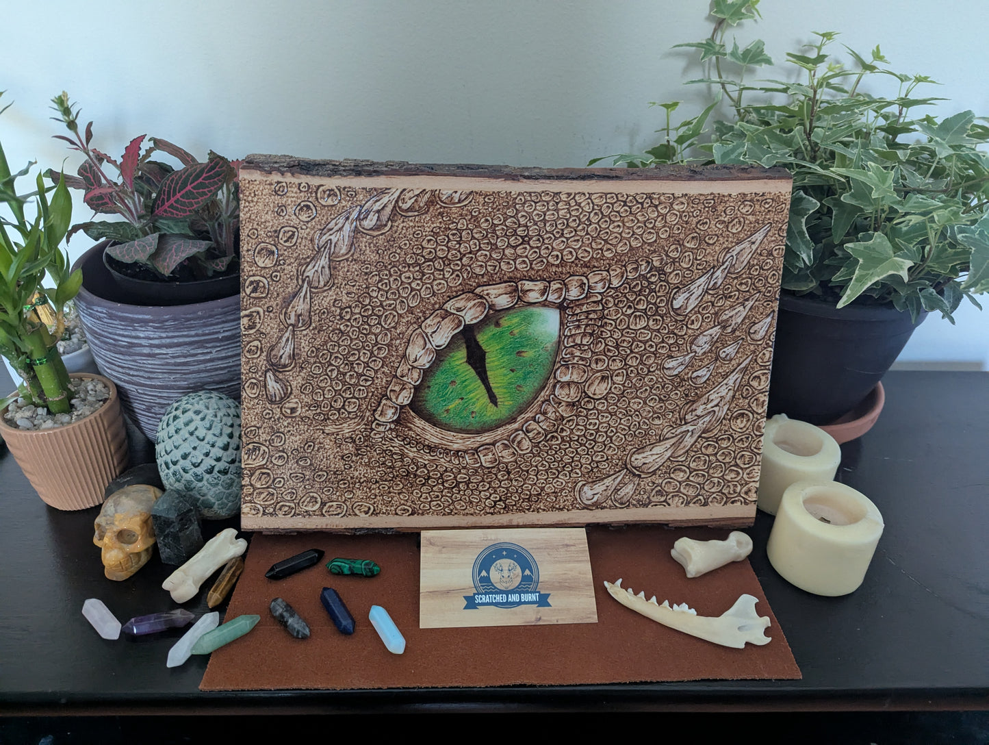 'Emerald Gaze, The Watchful Dragon’s Eye' Pyrography on Wood, Desk/Wall Art