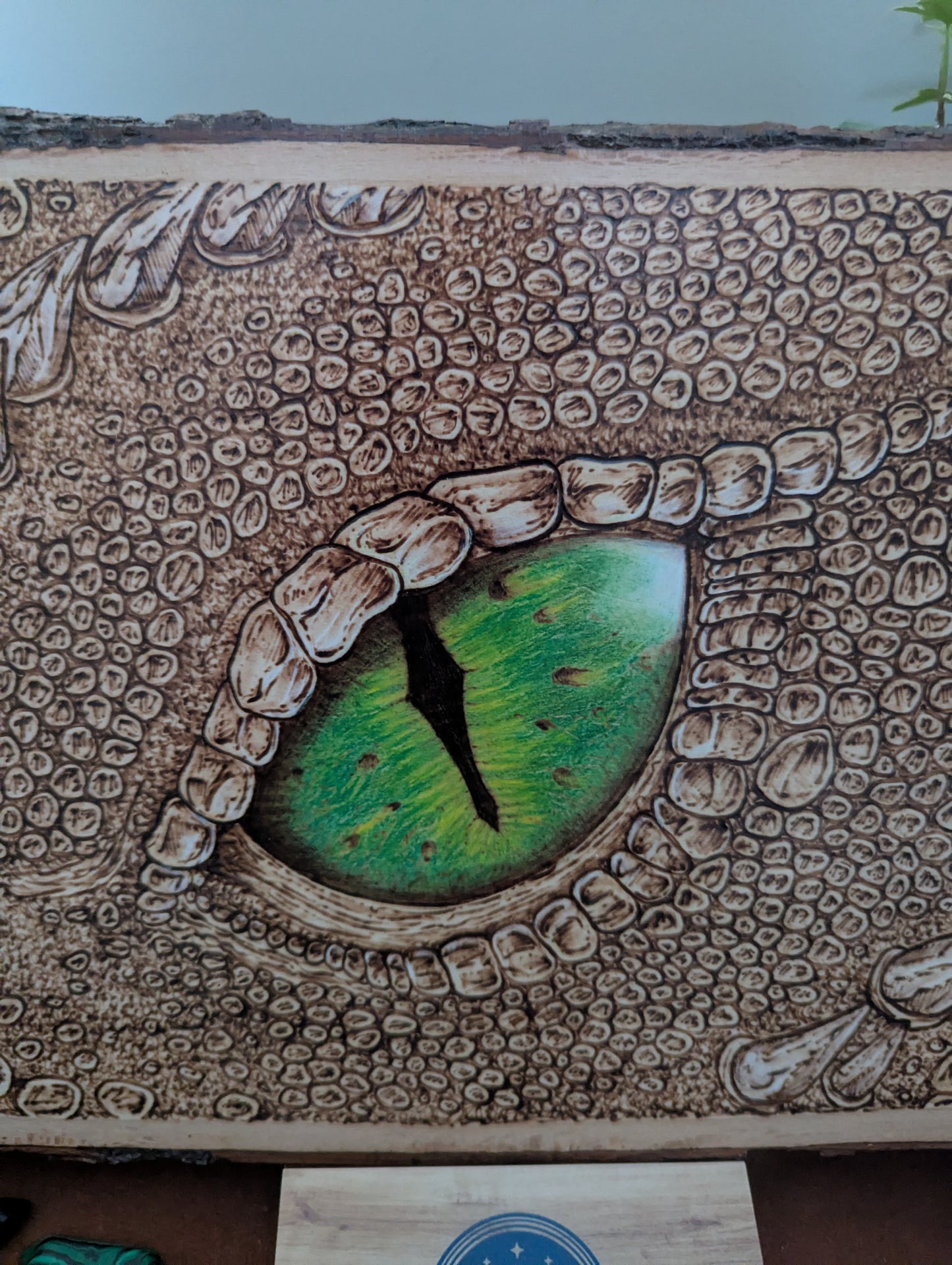 'Emerald Gaze, The Watchful Dragon’s Eye' Pyrography on Wood, Desk/Wall Art