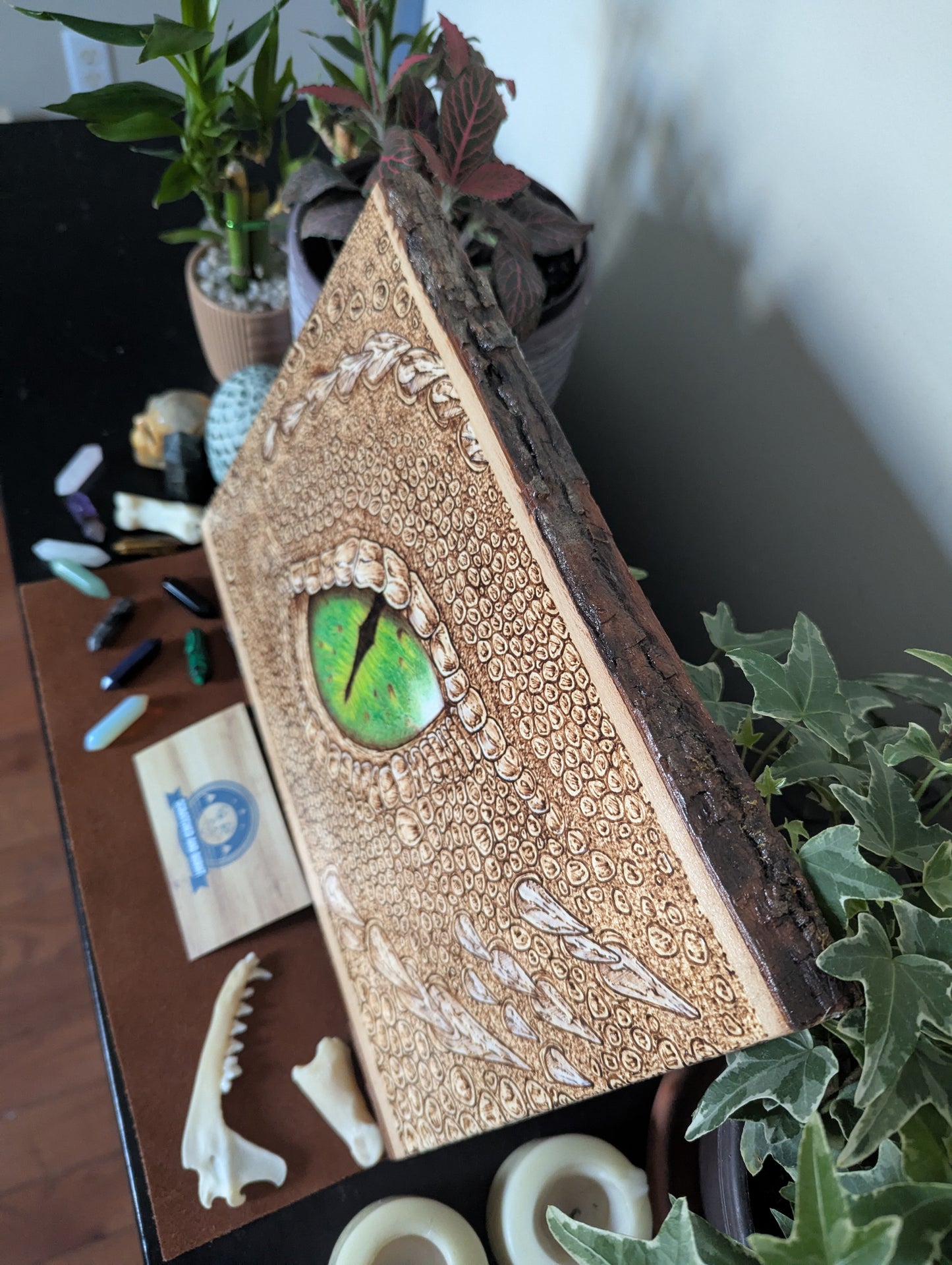 'Emerald Gaze, The Watchful Dragon’s Eye' Pyrography on Wood, Desk/Wall Art