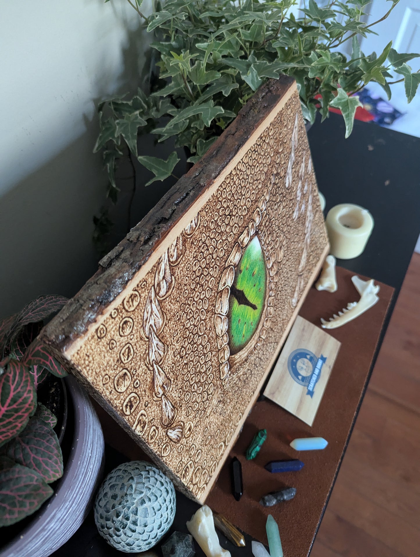 'Emerald Gaze, The Watchful Dragon’s Eye' Pyrography on Wood, Desk/Wall Art