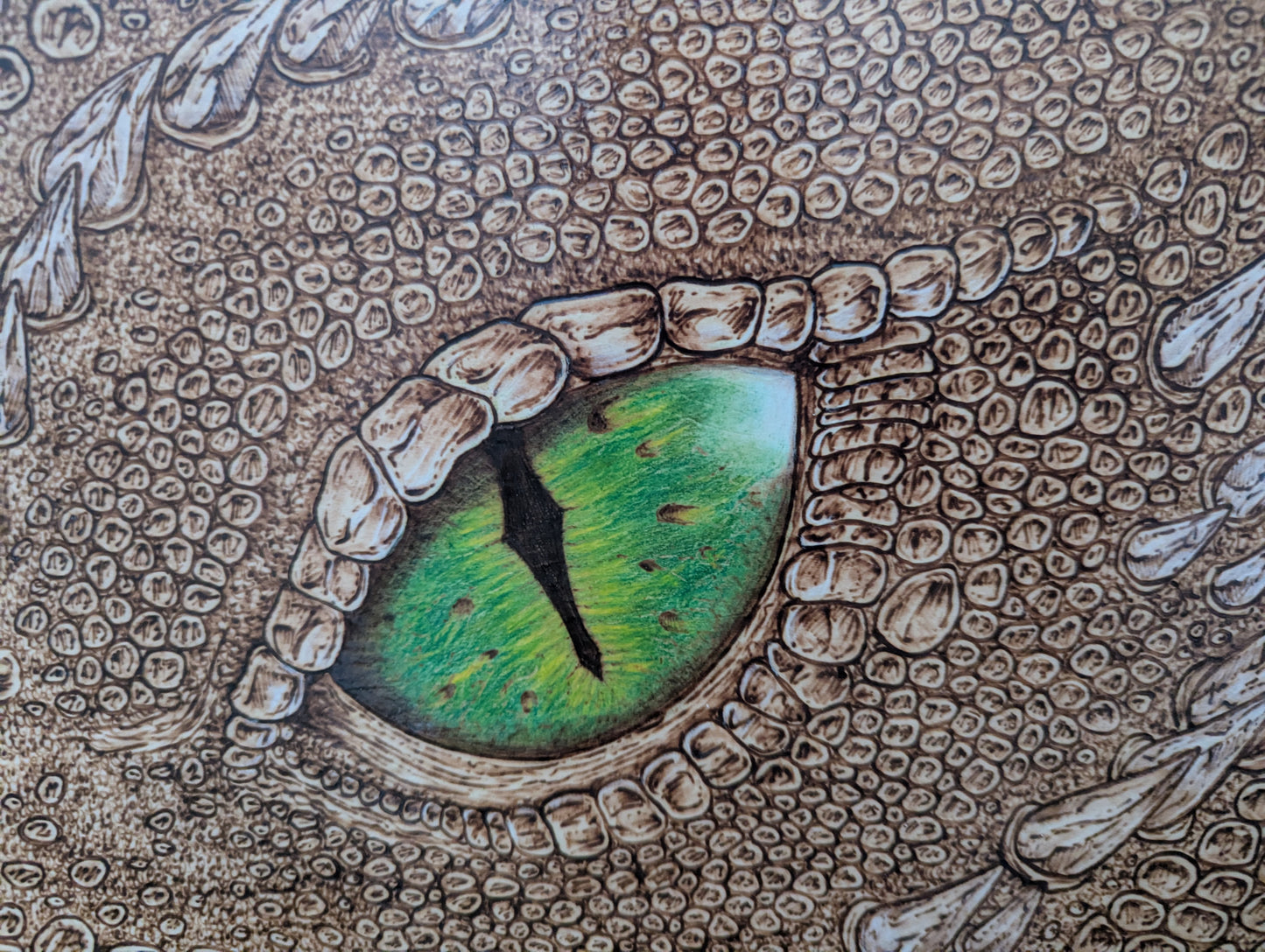 'Emerald Gaze, The Watchful Dragon’s Eye' Pyrography on Wood, Desk/Wall Art