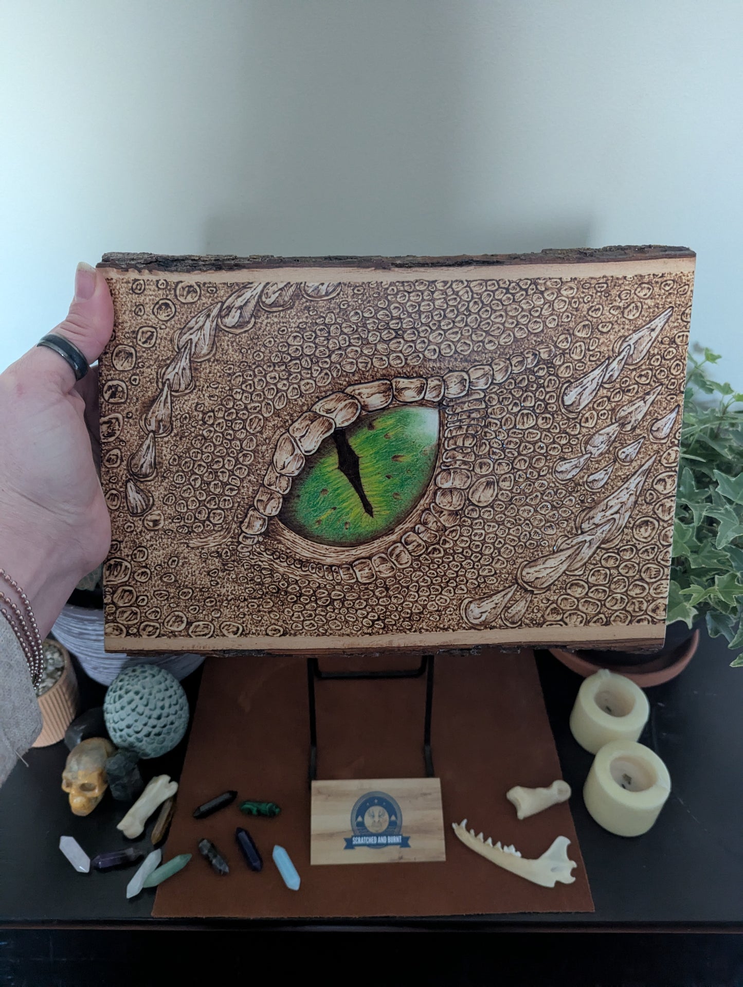 'Emerald Gaze, The Watchful Dragon’s Eye' Pyrography on Wood, Desk/Wall Art