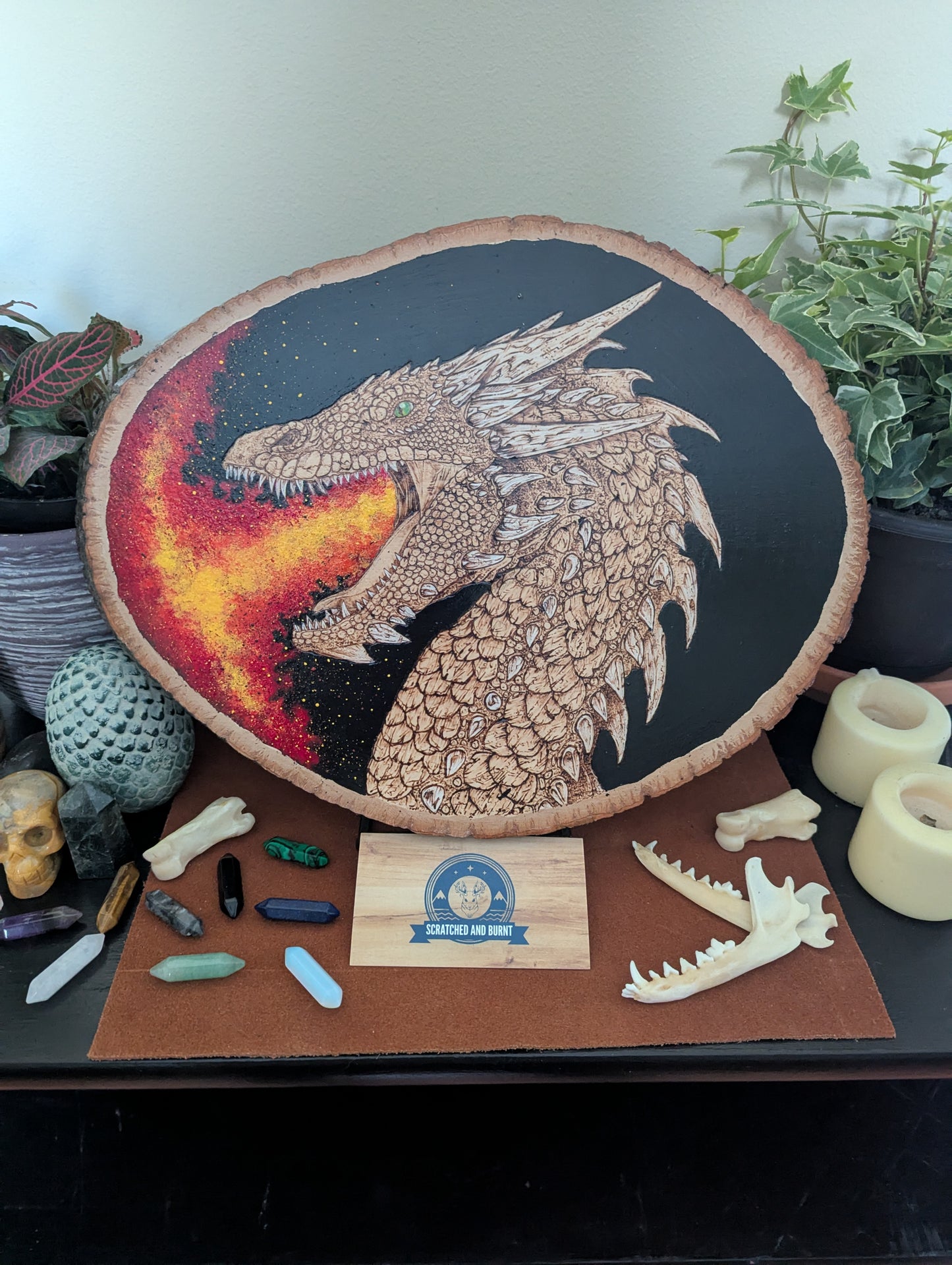 'Dragon's Fiery Breathe' Pyrography with Acrylics on Wood Desk/Wall Art