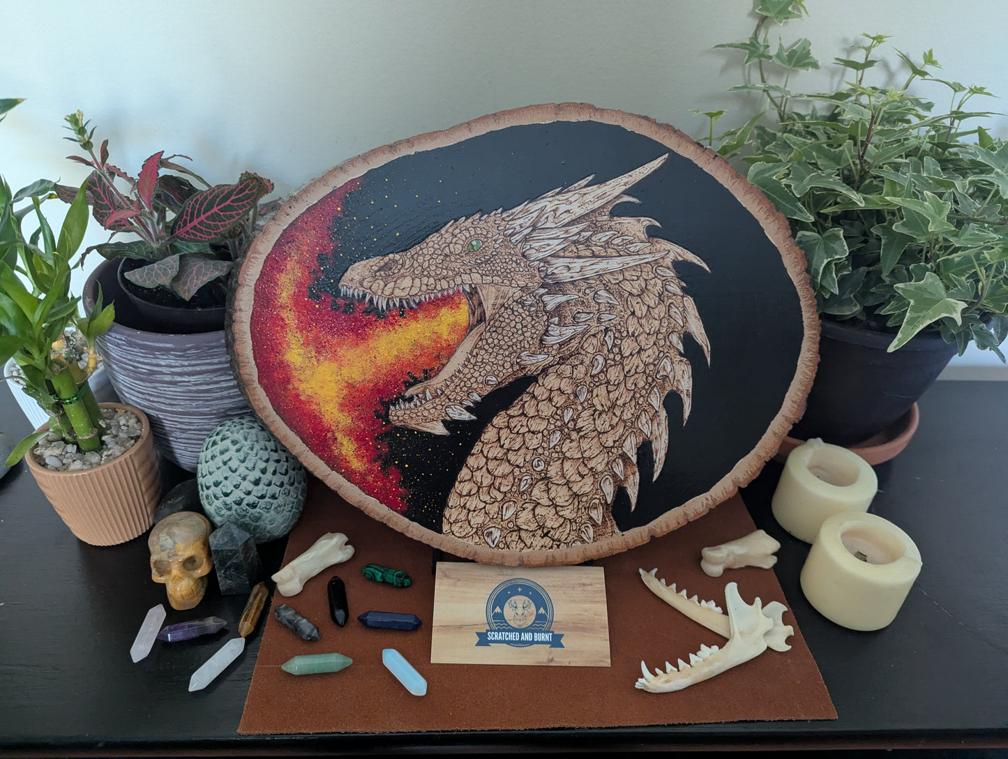 'Dragon's Fiery Breathe' Pyrography with Acrylics on Wood Desk/Wall Art