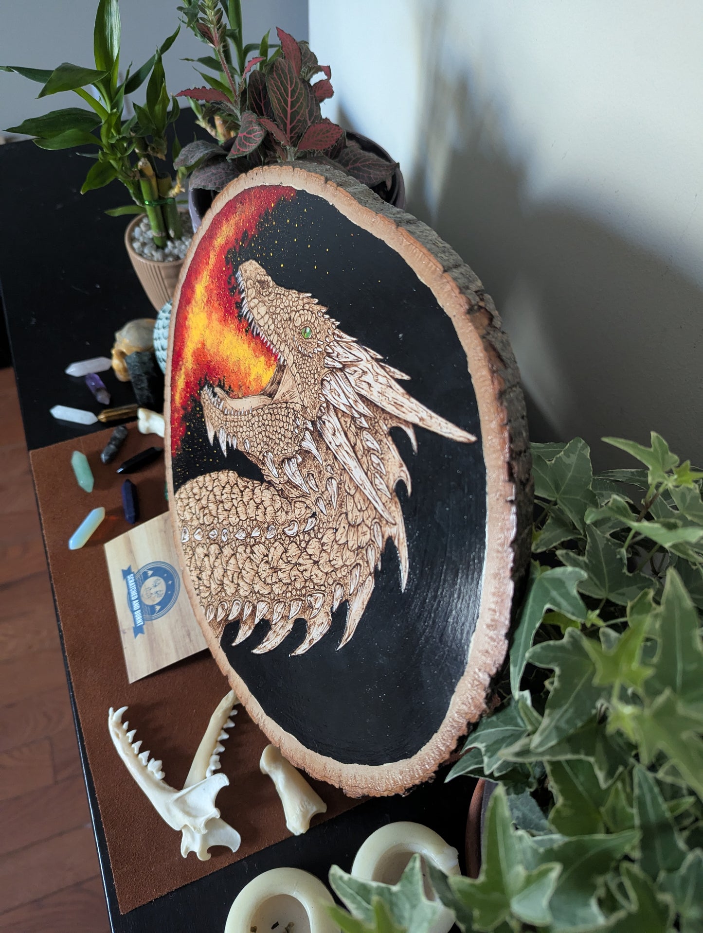 'Dragon's Fiery Breathe' Pyrography with Acrylics on Wood Desk/Wall Art
