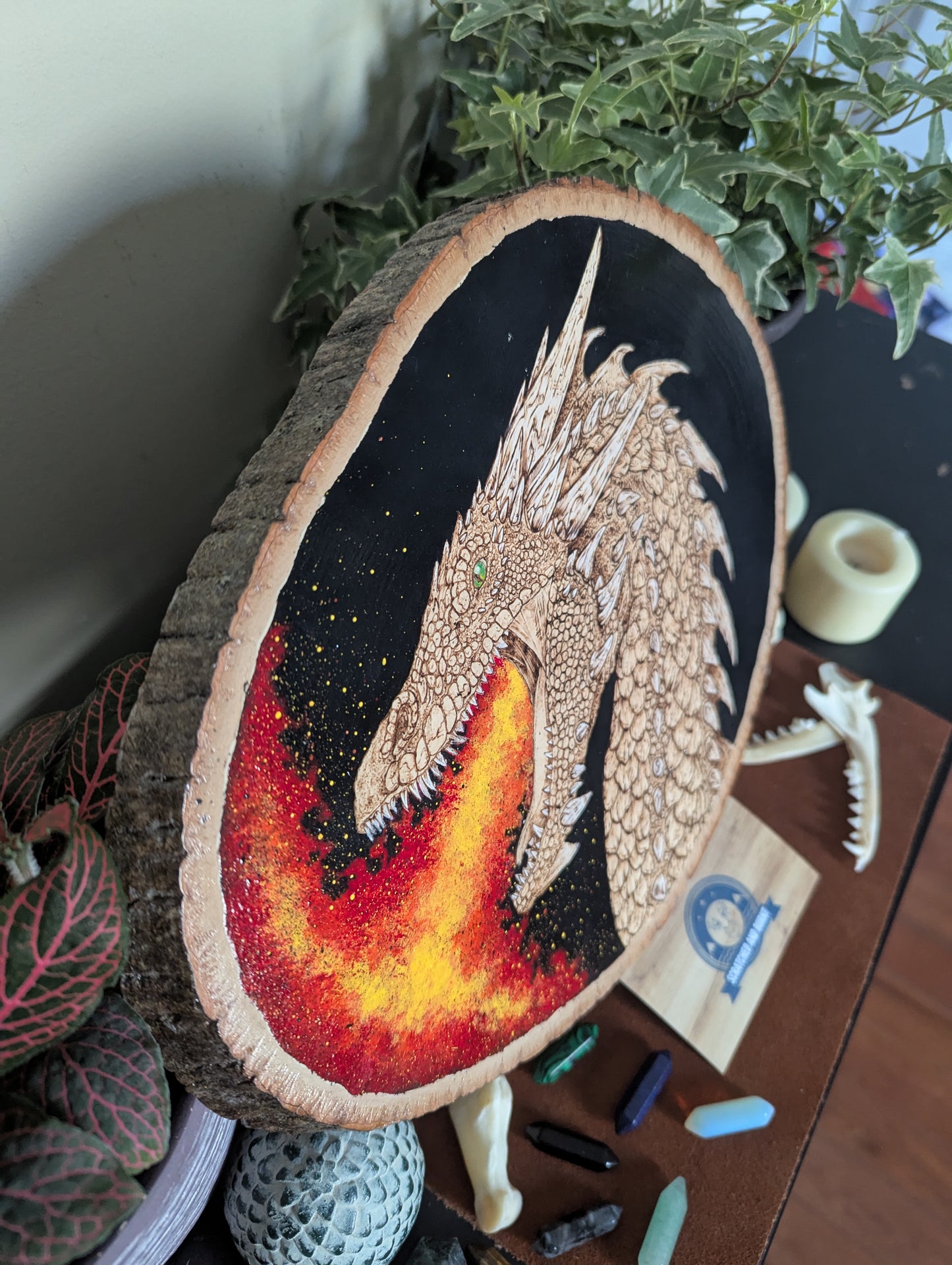 'Dragon's Fiery Breathe' Pyrography with Acrylics on Wood Desk/Wall Art