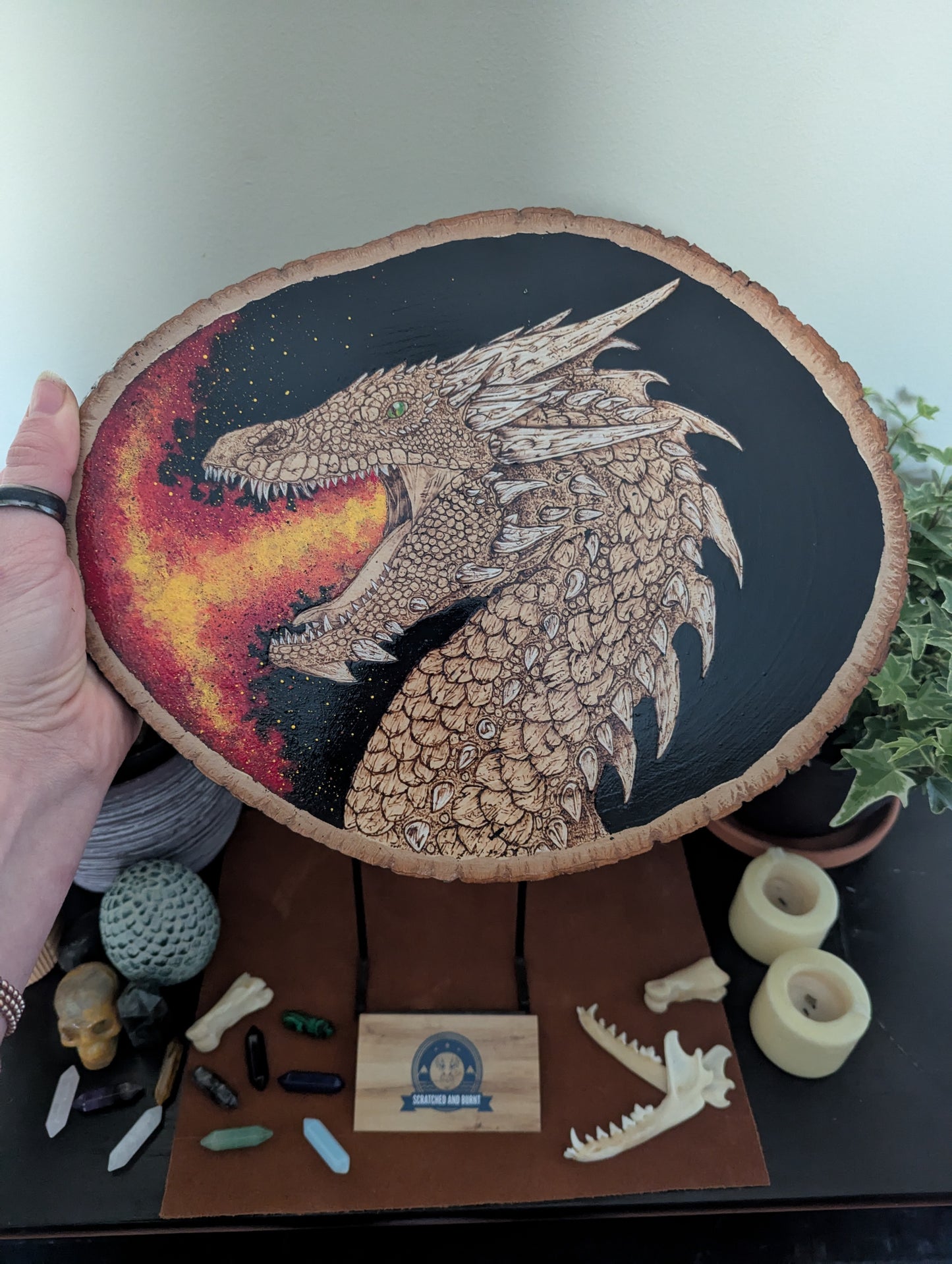 'Dragon's Fiery Breathe' Pyrography with Acrylics on Wood Desk/Wall Art