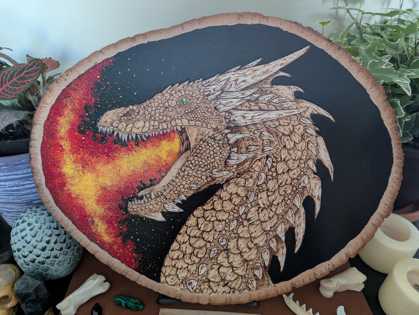 'Dragon's Fiery Breathe' Pyrography with Acrylics on Wood Desk/Wall Art