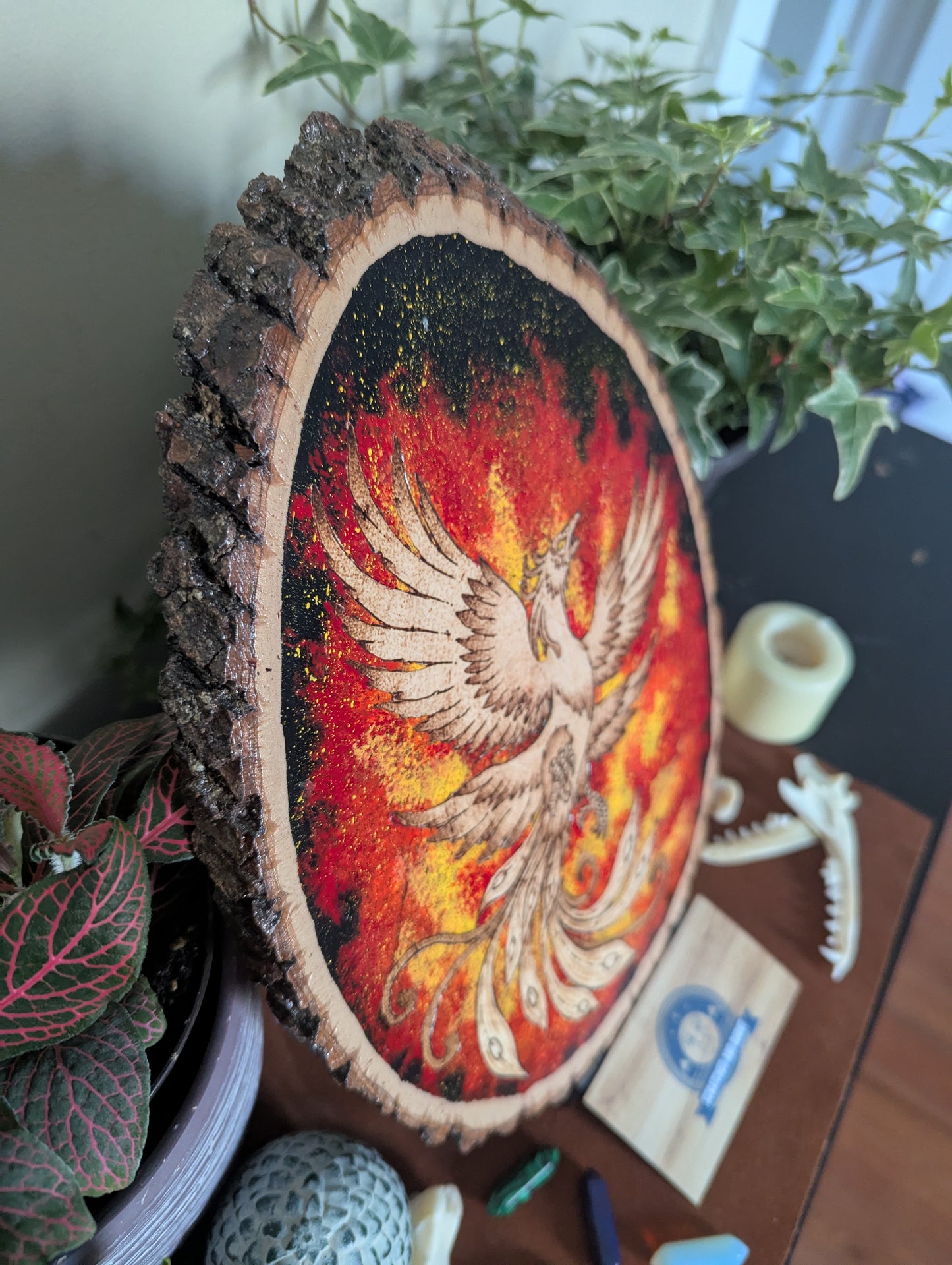 'Phoenix Rising' Pyrography with Acrylics, on Wood Desk/Wall Art, Small