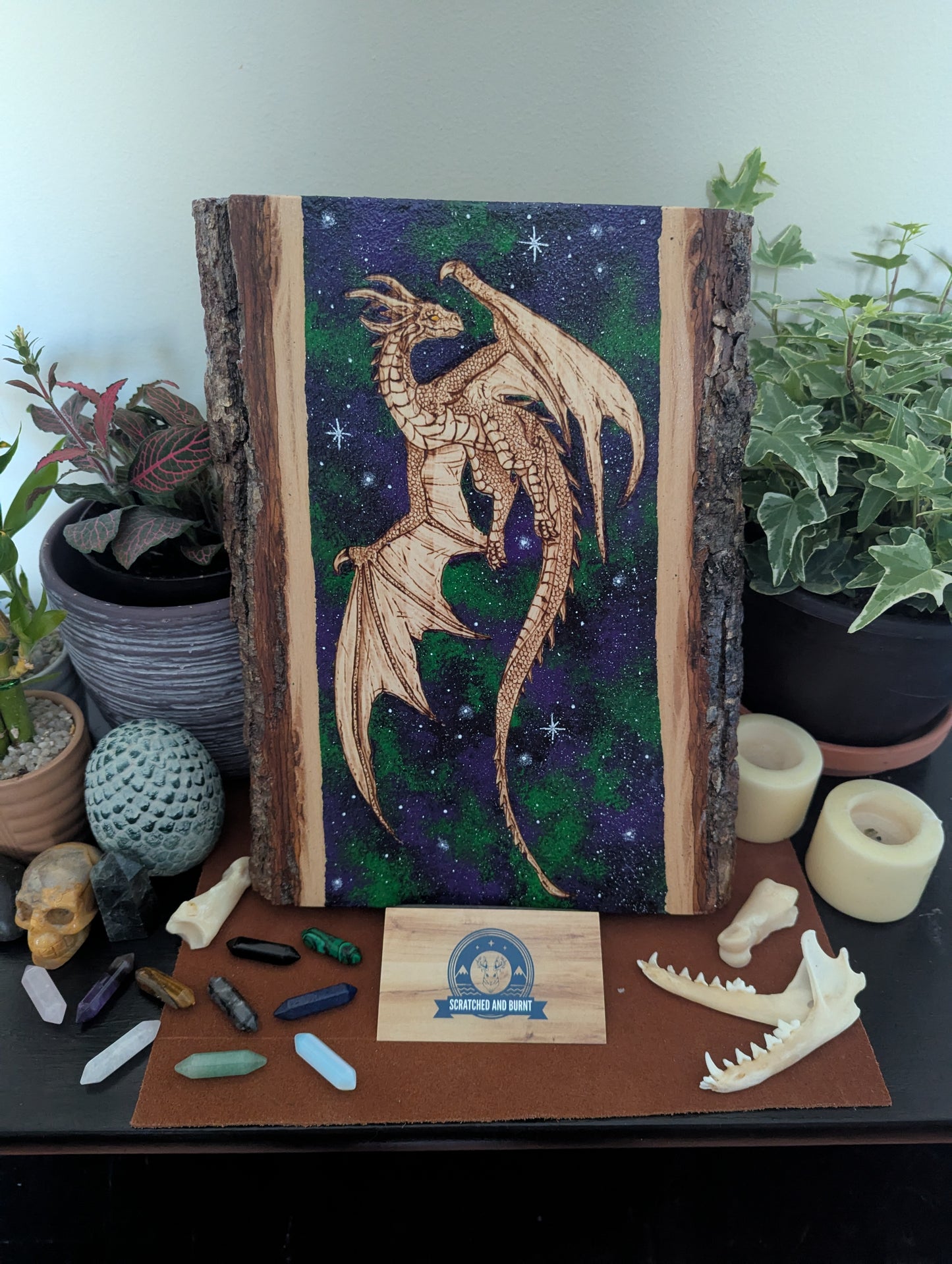 'Celestial Dragon Flight' Pyrography with Acrylics on Wood, Desk/Wall Art