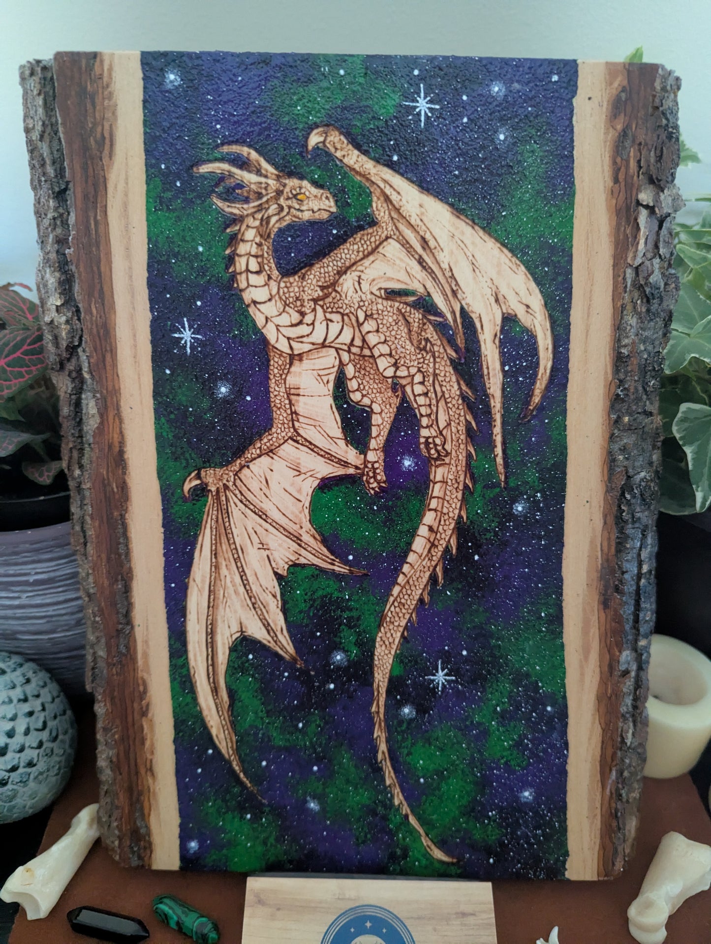 'Celestial Dragon Flight' Pyrography with Acrylics on Wood, Desk/Wall Art