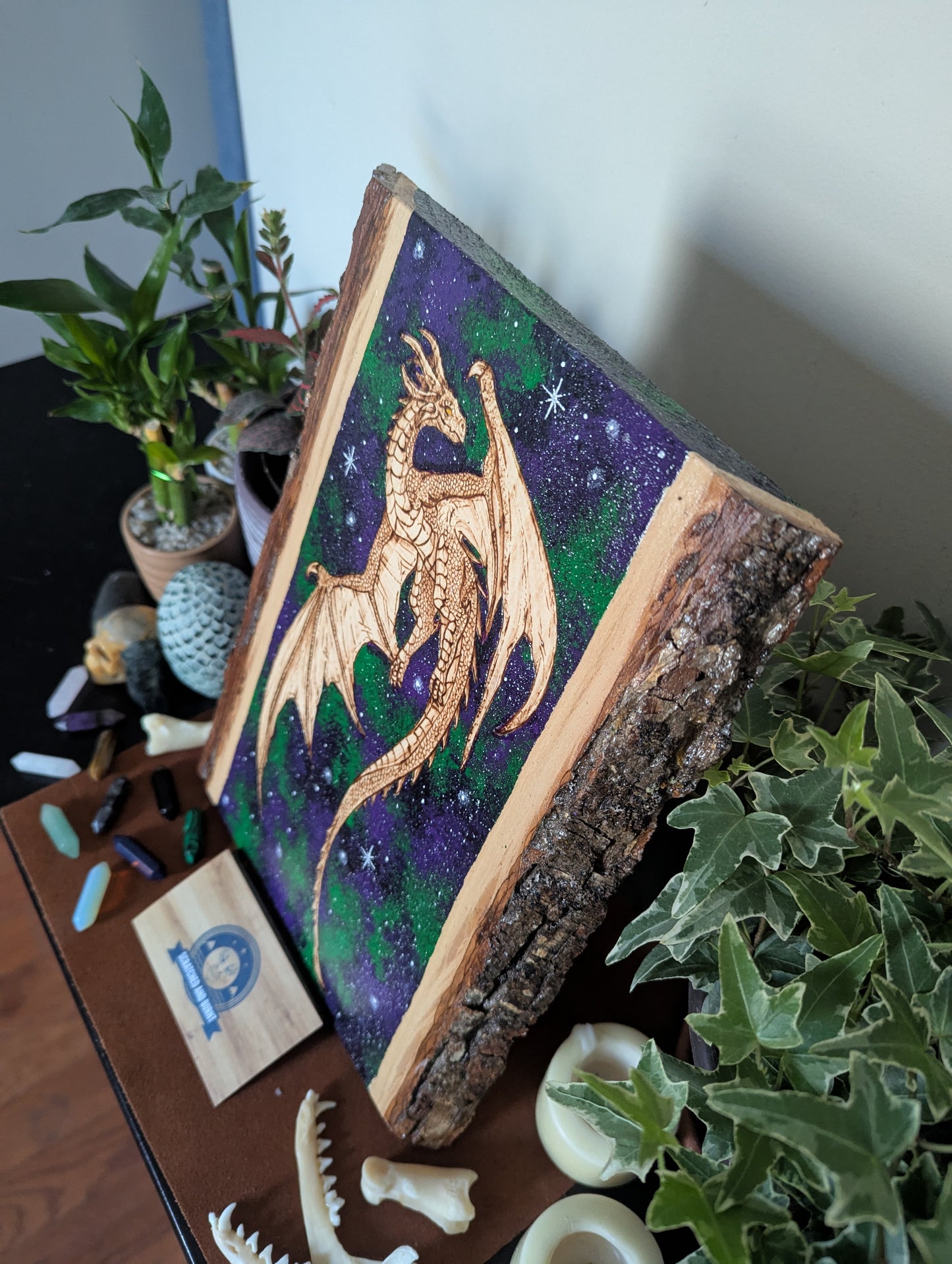 'Celestial Dragon Flight' Pyrography with Acrylics on Wood, Desk/Wall Art