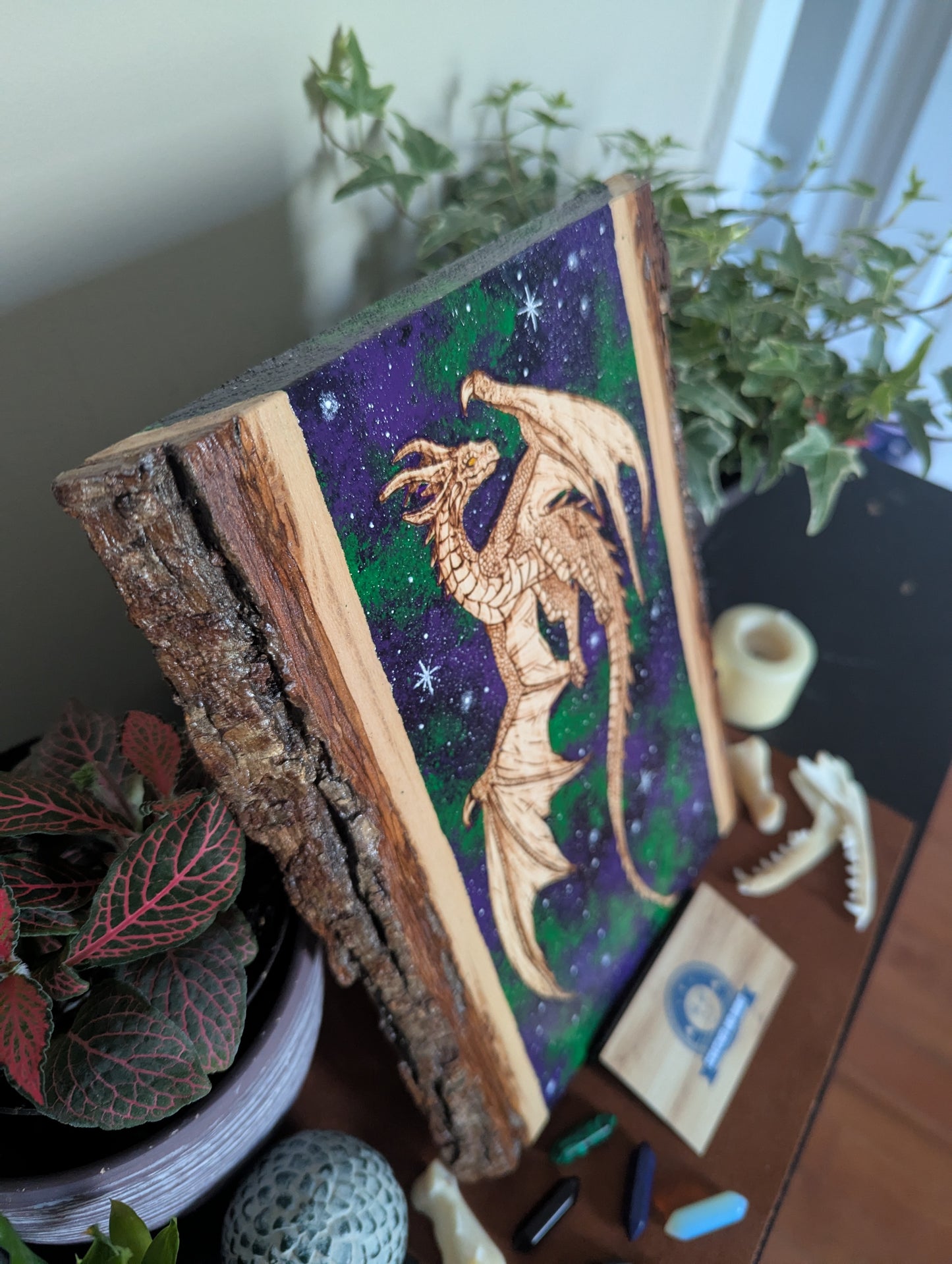 'Celestial Dragon Flight' Pyrography with Acrylics on Wood, Desk/Wall Art
