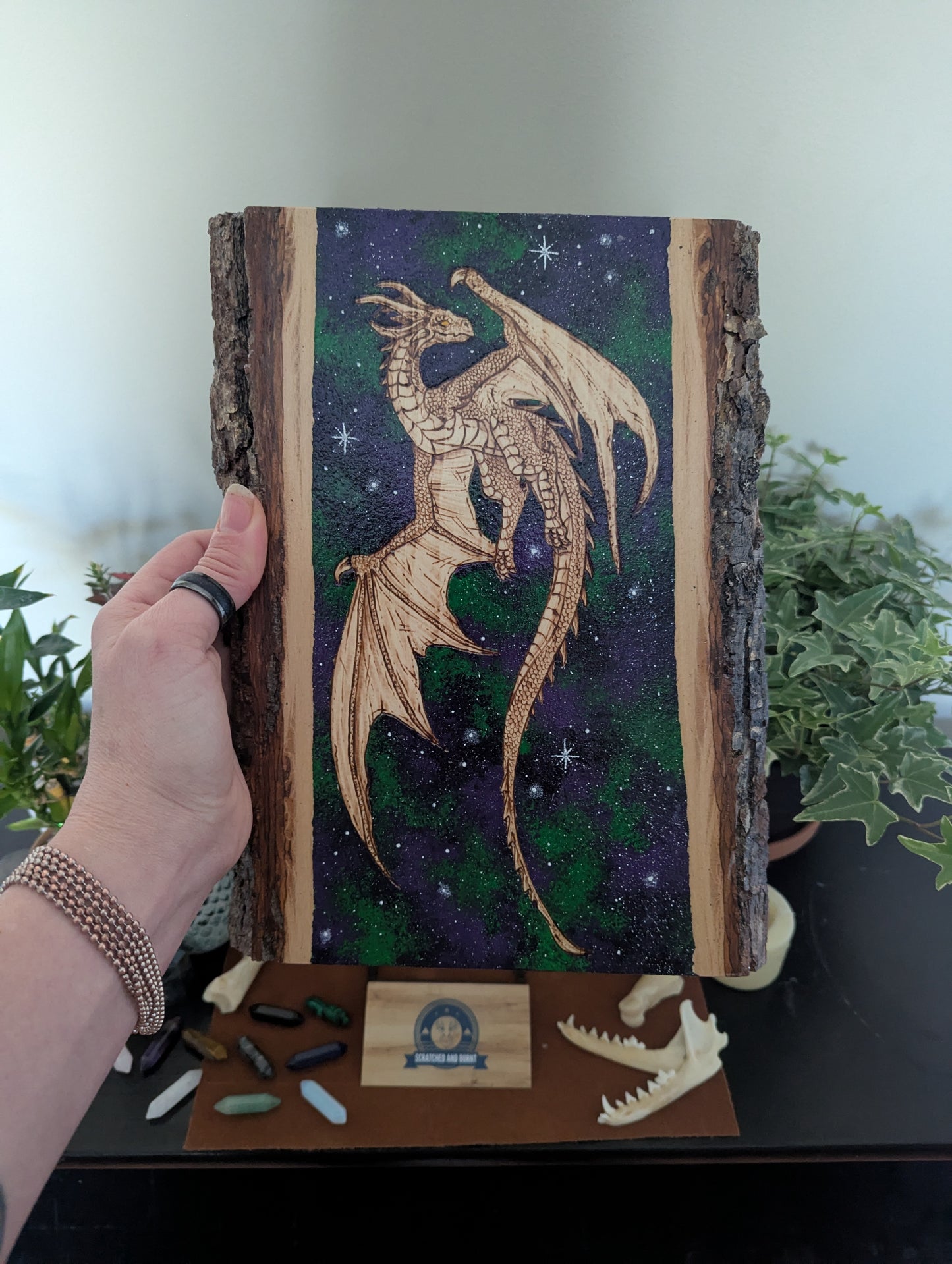 'Celestial Dragon Flight' Pyrography with Acrylics on Wood, Desk/Wall Art