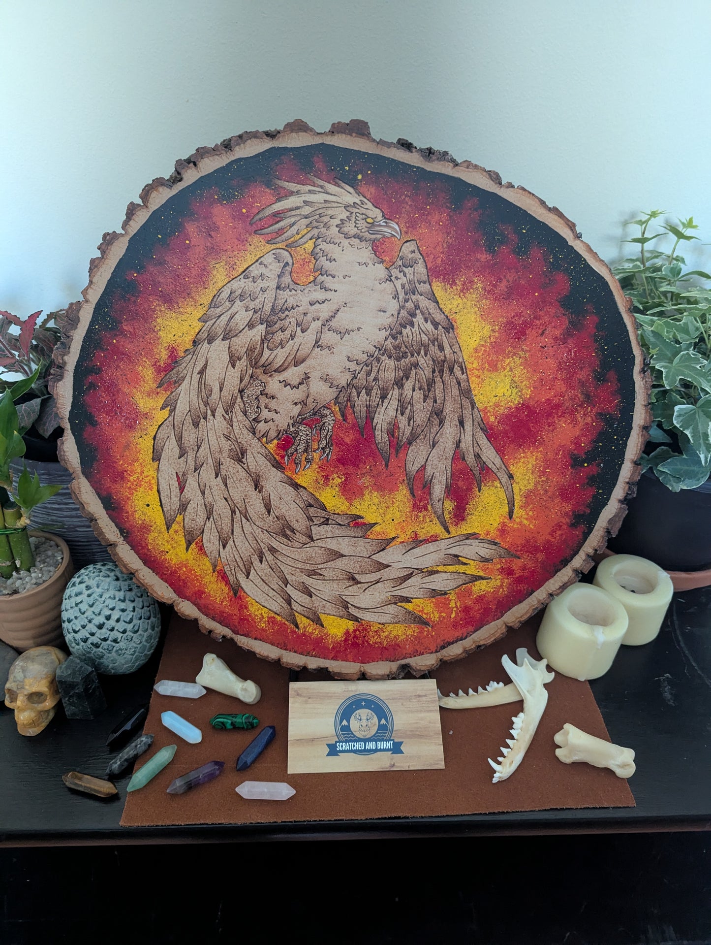 'Phoenix’s Embrace' Pyrography with Acrylics, on Wood Desk/Wall Art,