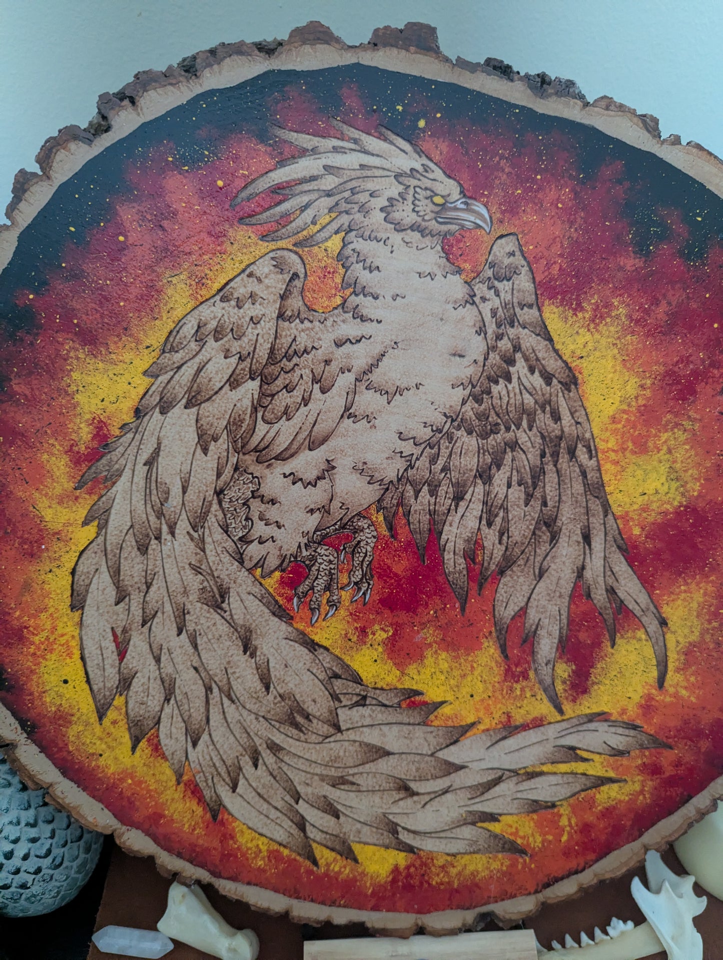 'Phoenix’s Embrace' Pyrography with Acrylics, on Wood Desk/Wall Art,