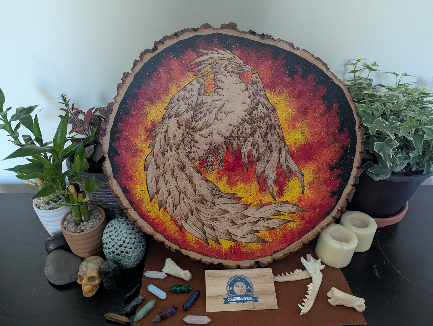 'Phoenix’s Embrace' Pyrography with Acrylics, on Wood Desk/Wall Art,