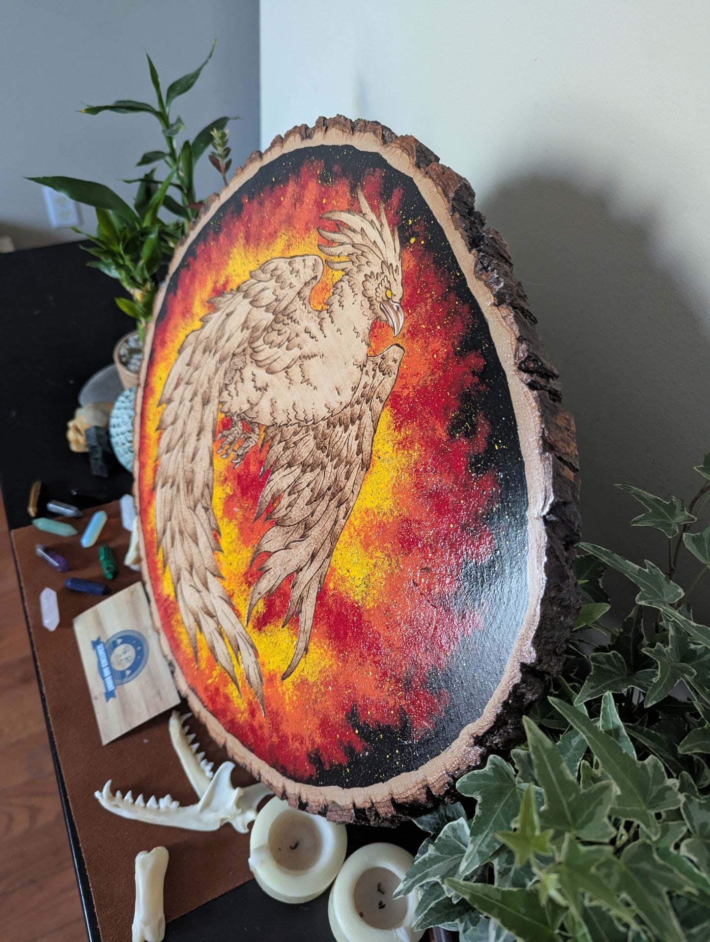 'Phoenix’s Embrace' Pyrography with Acrylics, on Wood Desk/Wall Art,