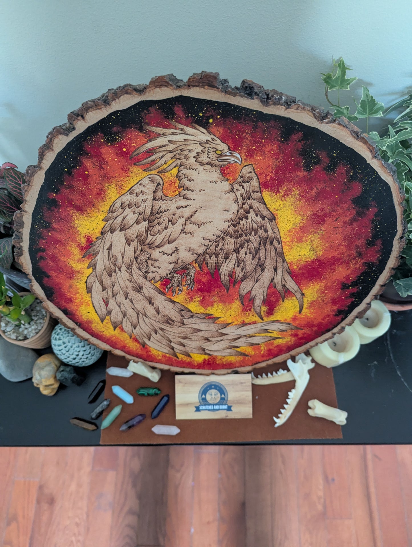 'Phoenix’s Embrace' Pyrography with Acrylics, on Wood Desk/Wall Art,