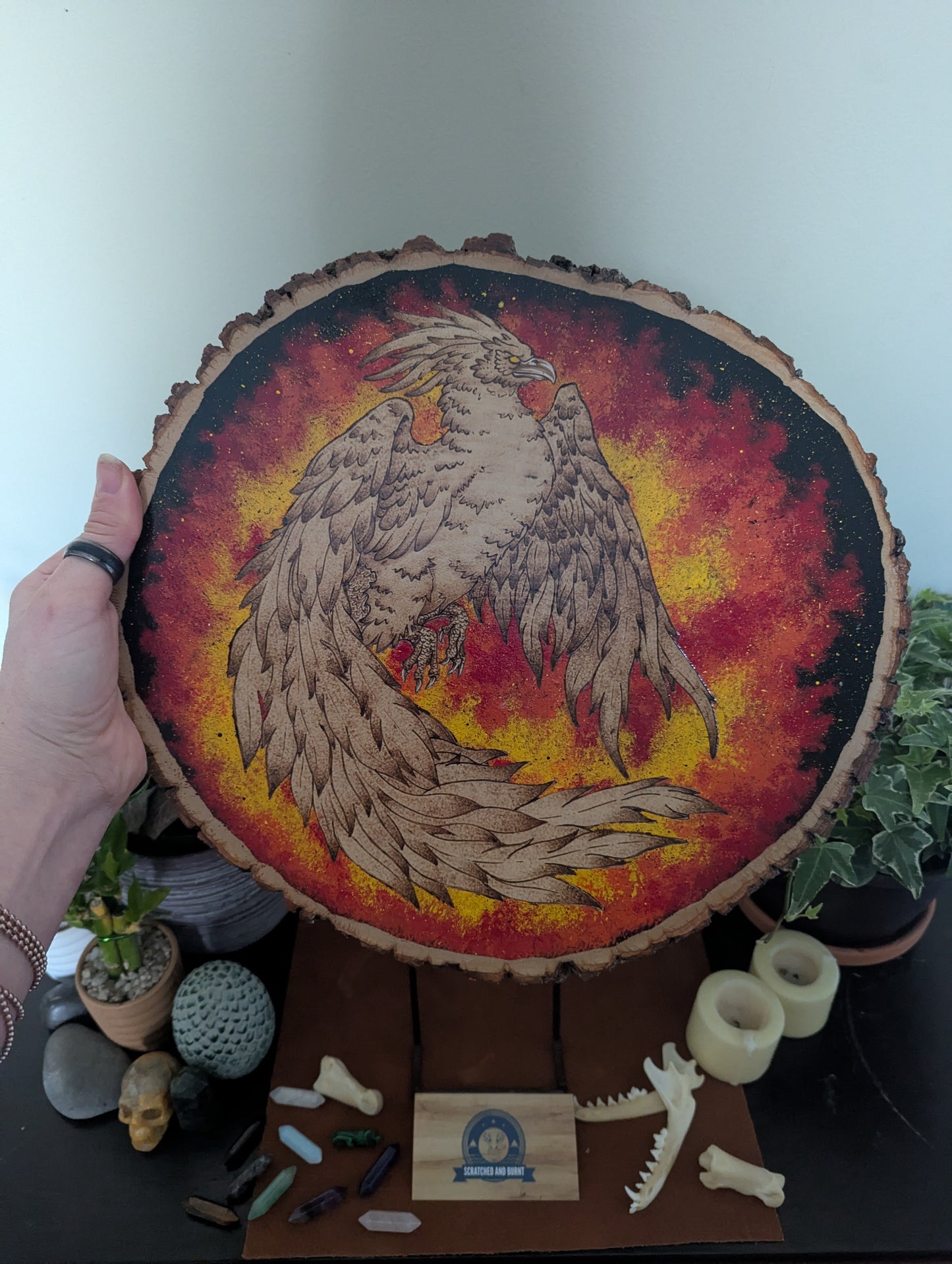 'Phoenix’s Embrace' Pyrography with Acrylics, on Wood Desk/Wall Art,