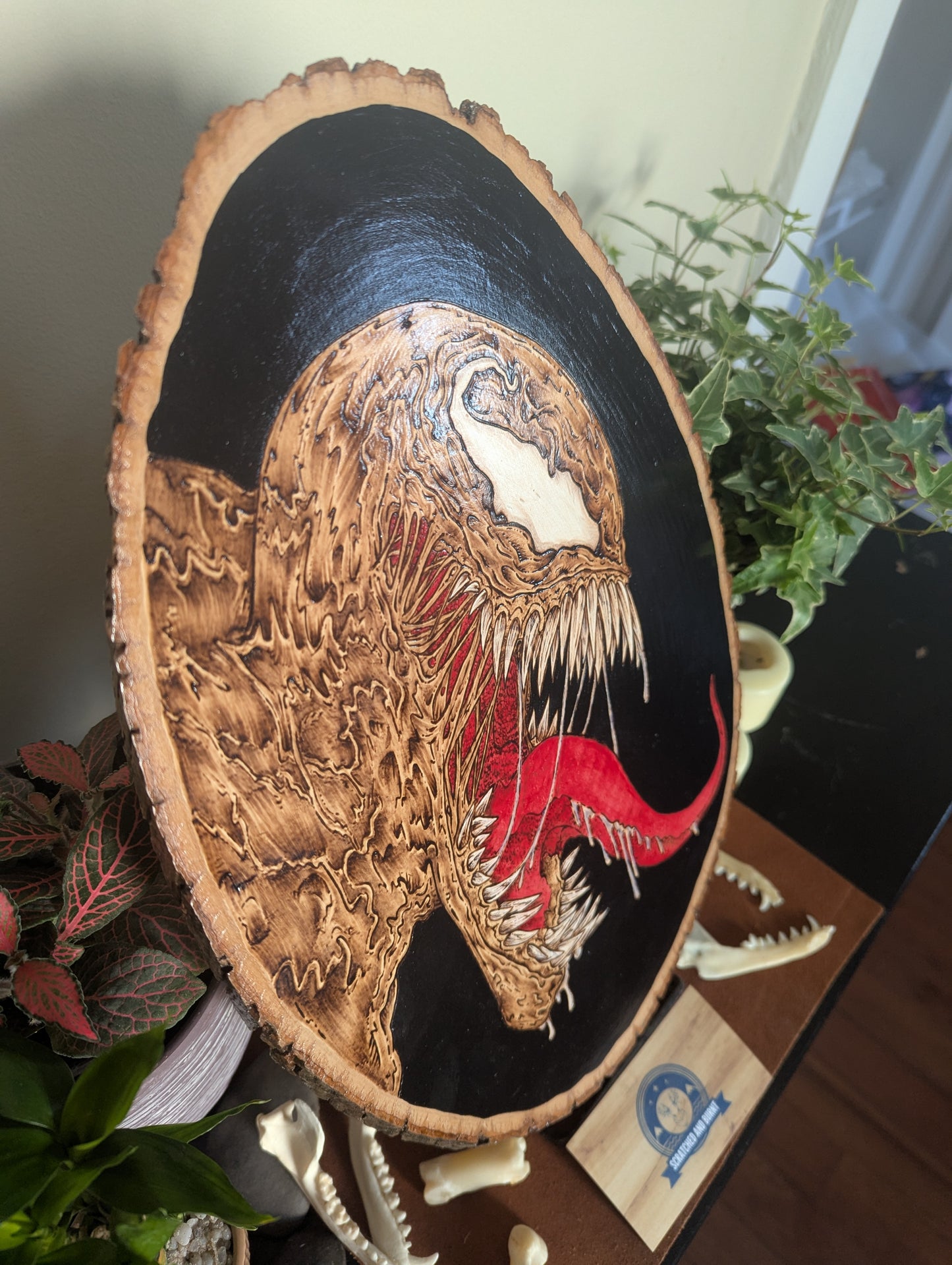 'Venom Unleashed' Pyrography with Acrylics on Wood, Wall/Desk Art