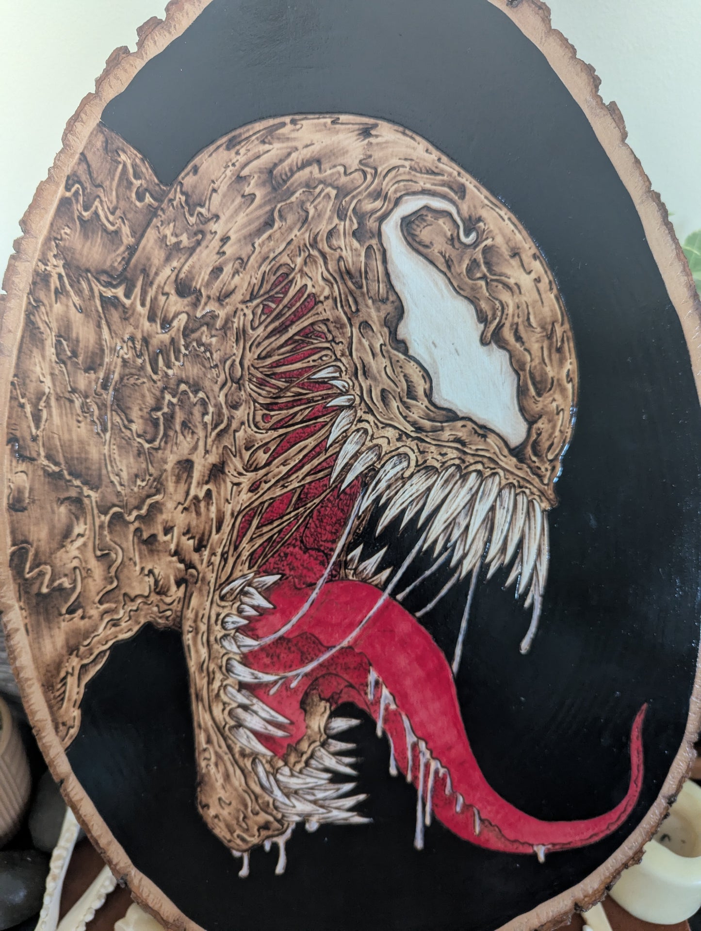 'Venom Unleashed' Pyrography with Acrylics on Wood, Wall/Desk Art