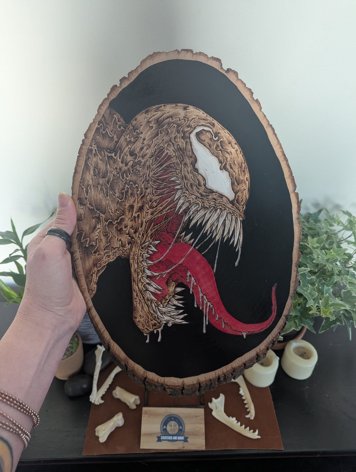 'Venom Unleashed' Pyrography with Acrylics on Wood, Wall/Desk Art