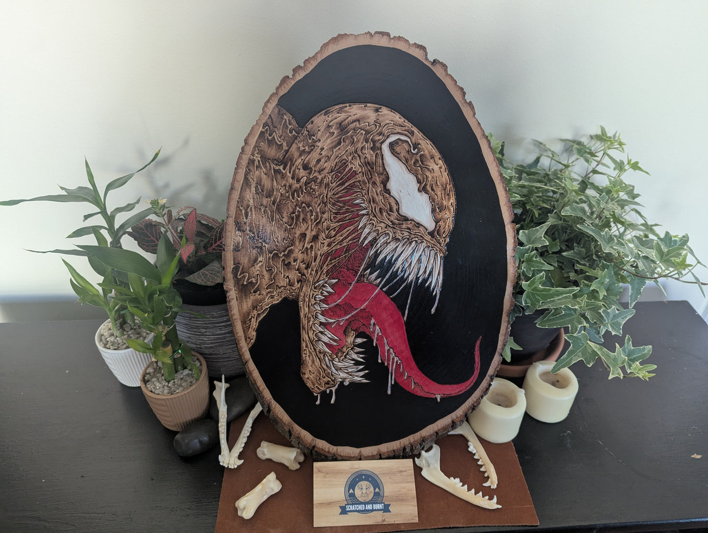 'Venom Unleashed' Pyrography with Acrylics on Wood, Wall/Desk Art