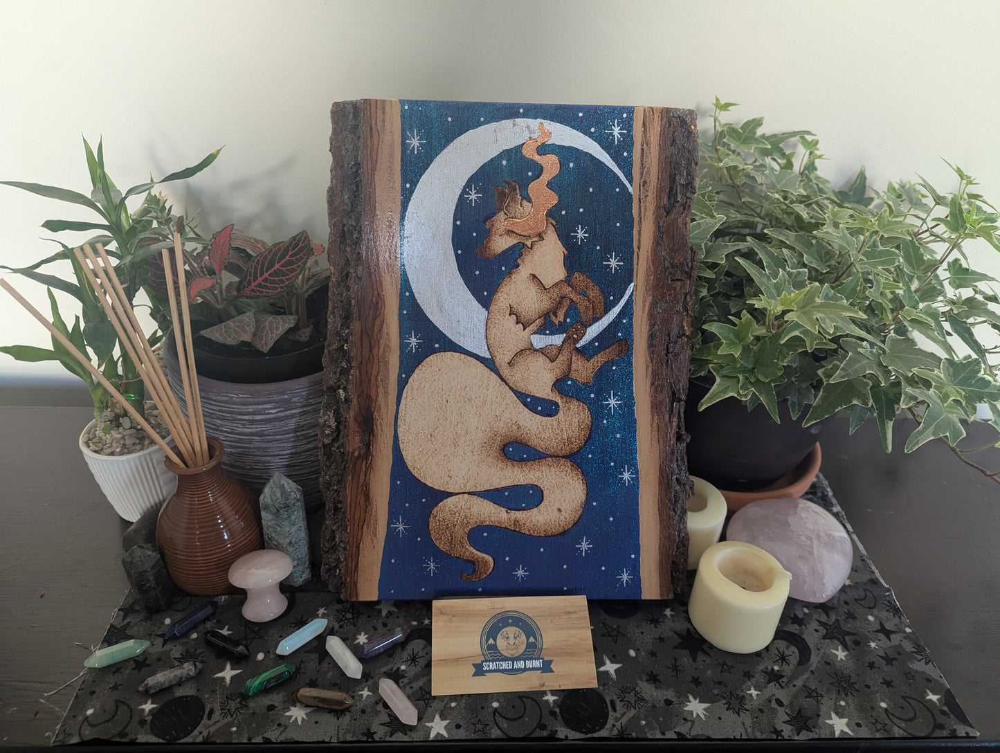 'Moonlit Fox Magic', Pyrography with Acrylics on Wood Desk/Wall Art