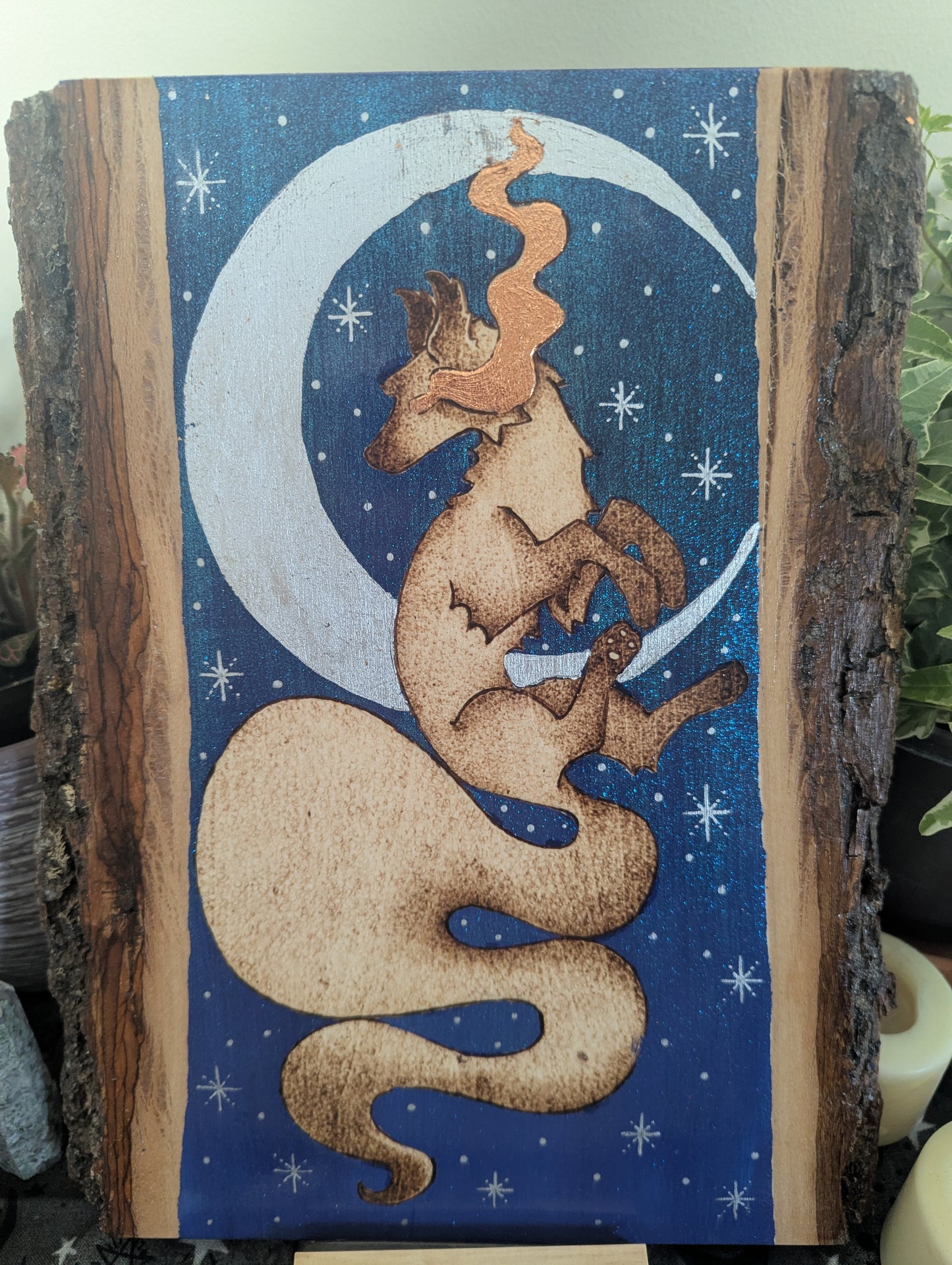 'Moonlit Fox Magic', Pyrography with Acrylics on Wood Desk/Wall Art